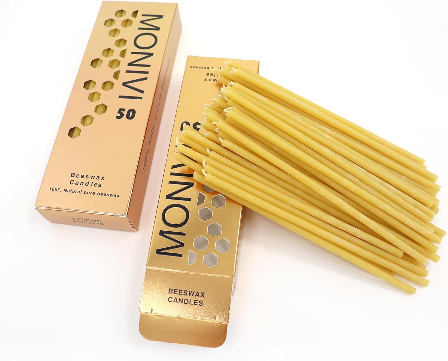 50Pcs Natural Beeswax Taper Candles 63 Inch Smokeless Decorative