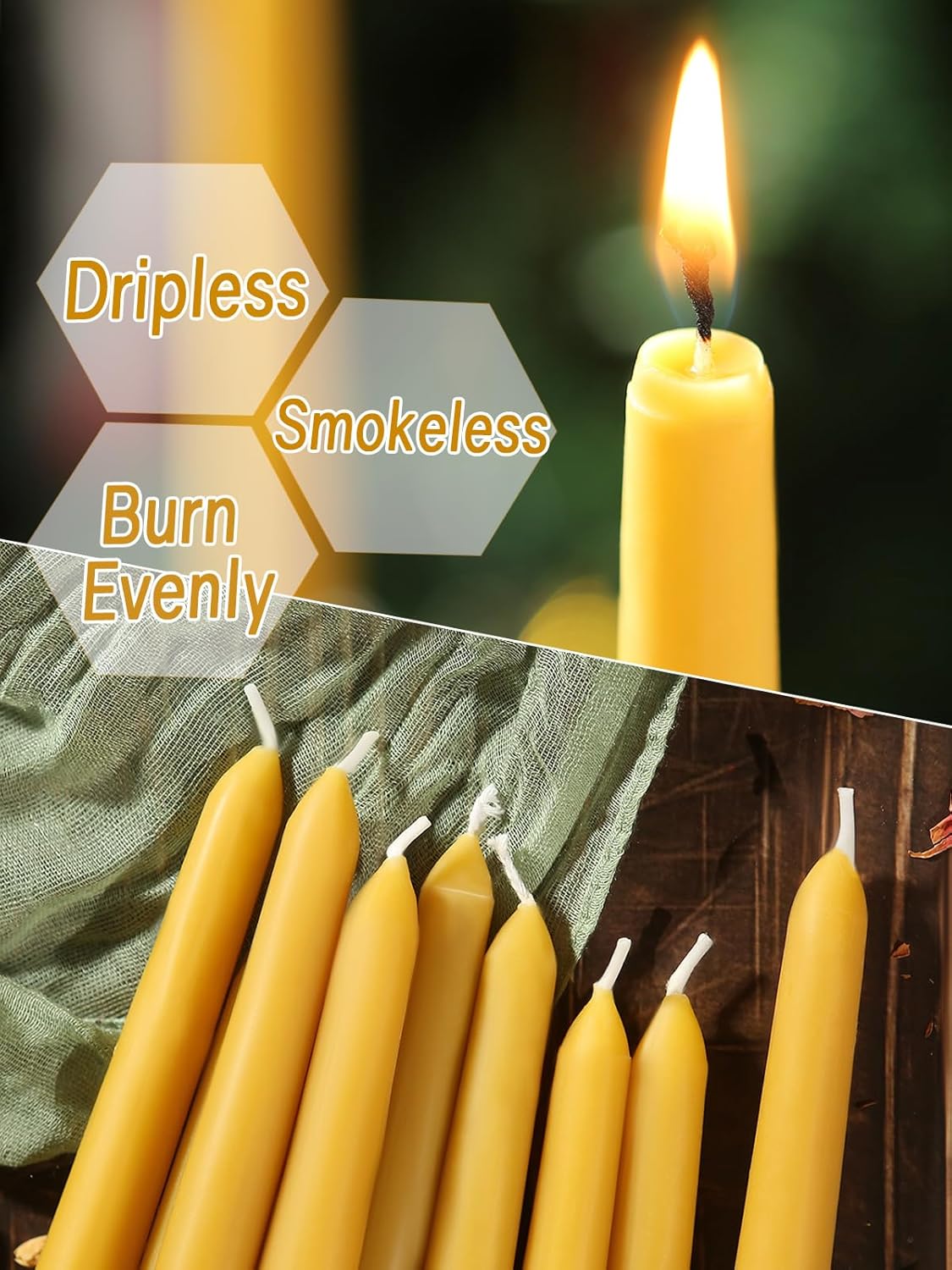 10 Inch Beeswax Taper Candles 6 Pack Natural Smokeless