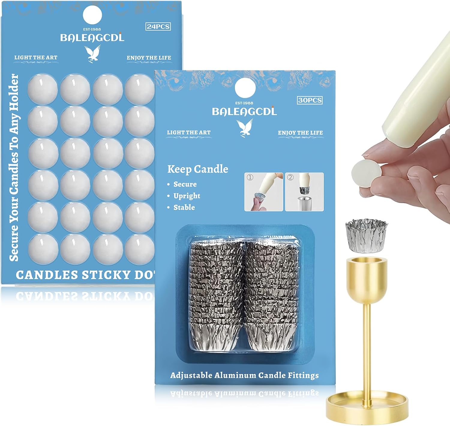 ZECHKAVAA Taper Candle Fittings Set 30 Silver Bobeches 24 White Sticky Dots
