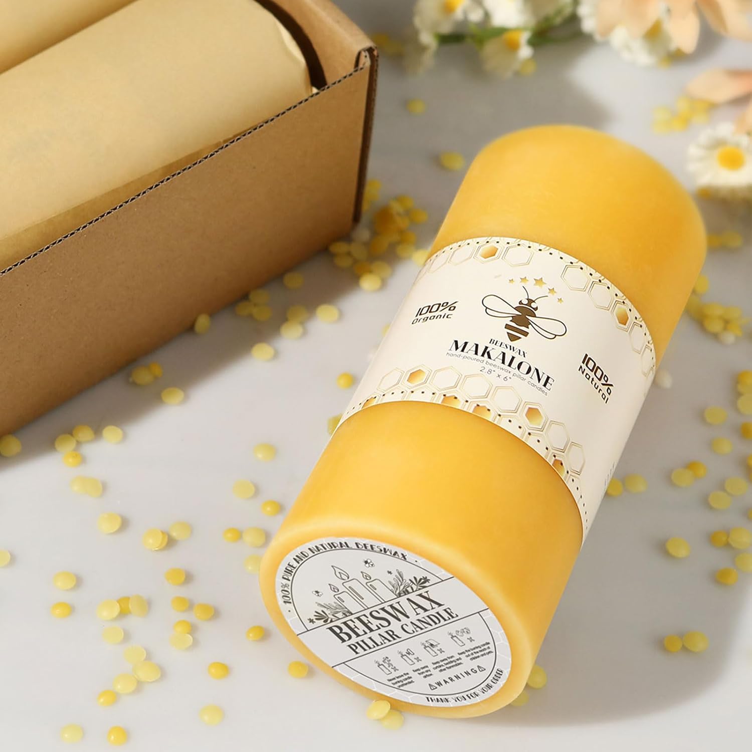 Natural Beeswax Pillar Candles - 95 Hours Long Burn Dripless Smokeless Unscented Organic