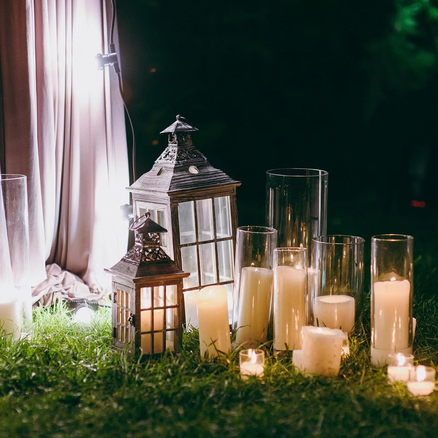 Shihanee Ivory Pillar Candles with 6 Glass Vases Set