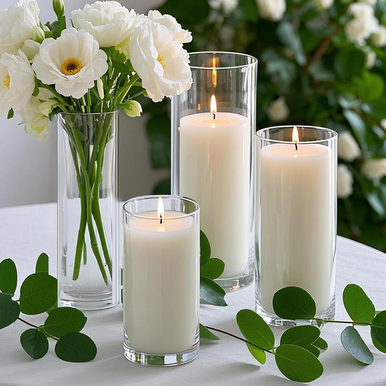 6pcs White Pillar Candles with Clear Glass Holders for Centerpieces and Events