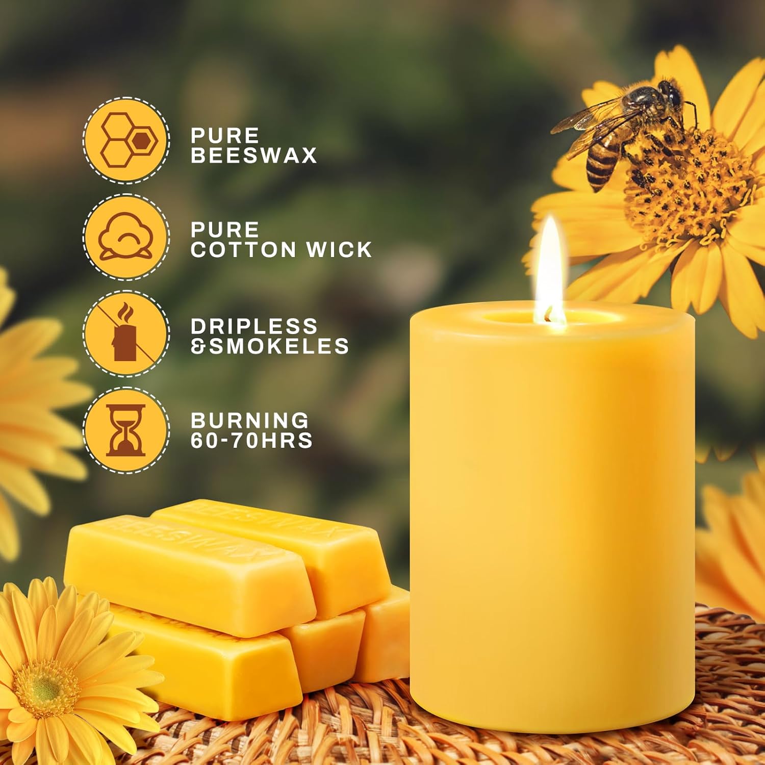 2 Packs Pure Beeswax Pillar Candles 120-140 Hours Long Burning