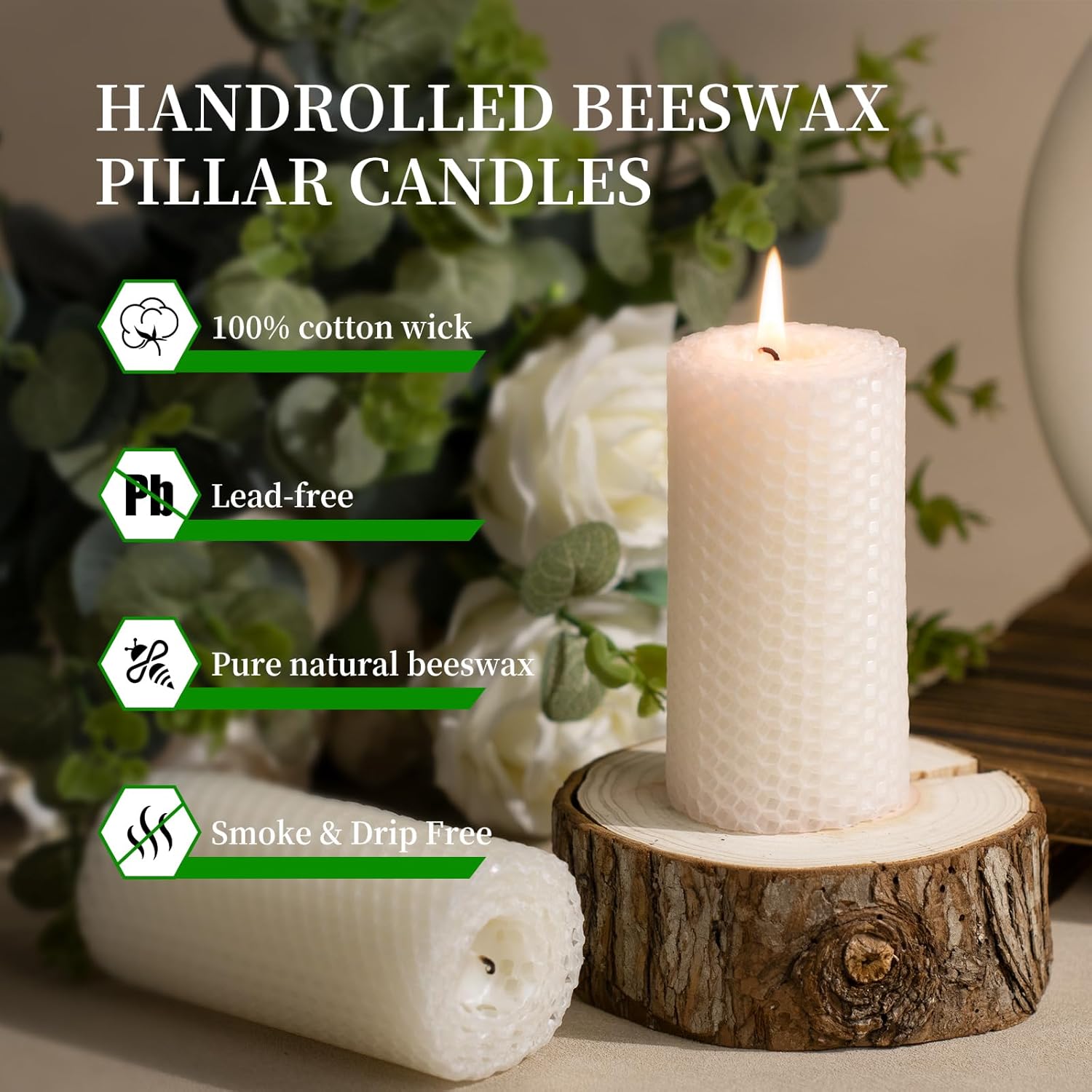 KONNI Beeswax Pillar Candles Set of 3 2x4inch
