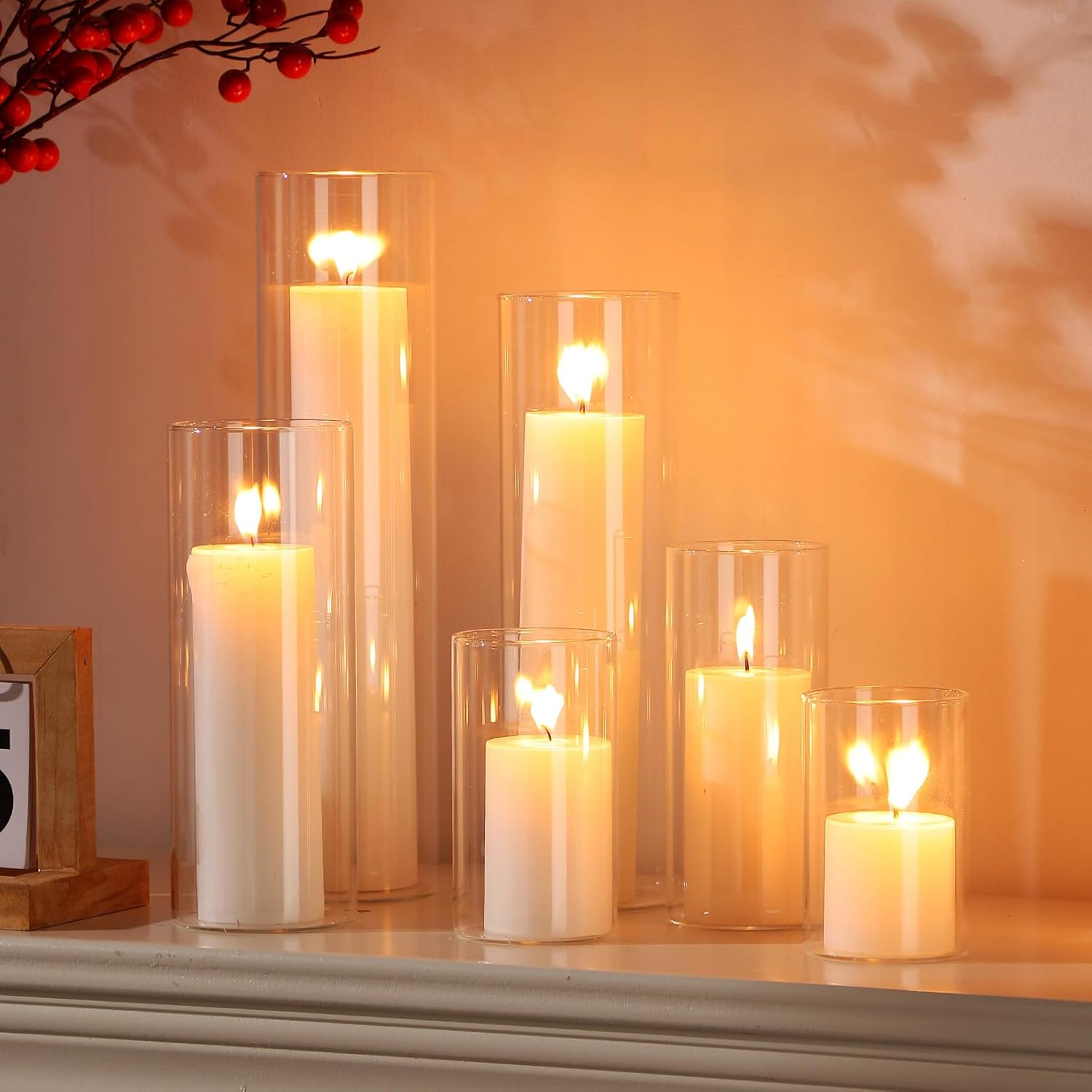 Shihanee Ivory Pillar Candles with 6 Glass Vases Set
