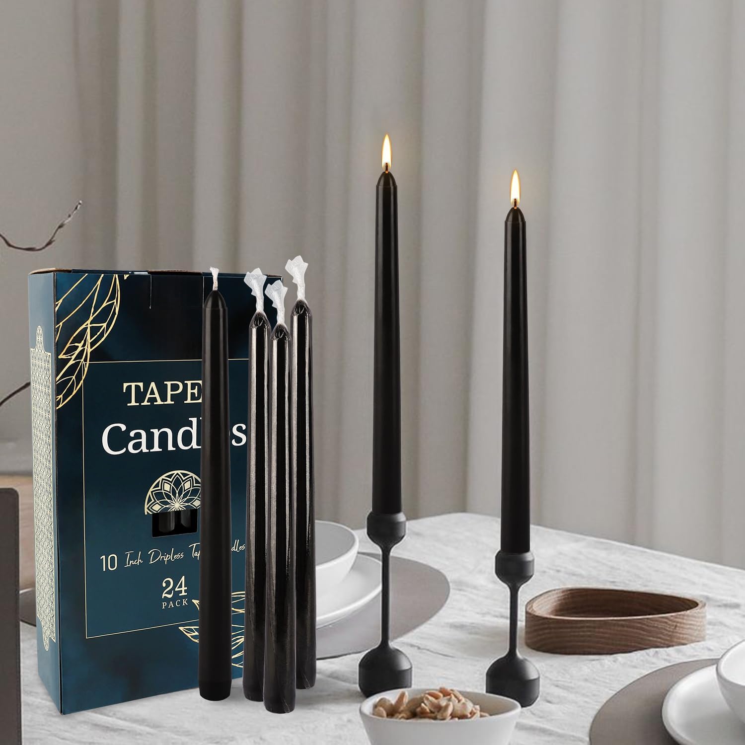 24 Pack Tall Taper Candles 10 Inch Black Dripless Unscented
