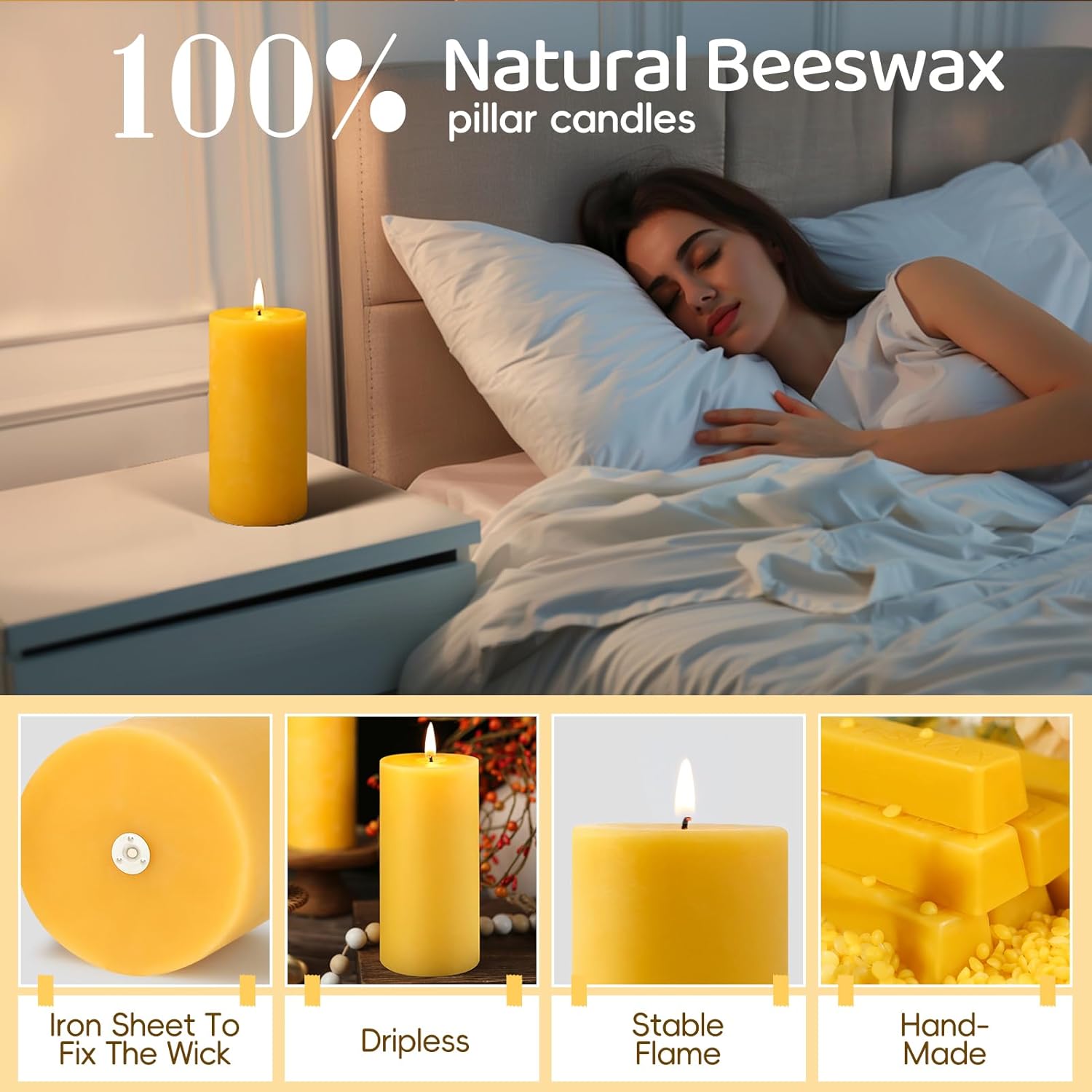 Natural Beeswax Pillar Candles - 95 Hours Long Burn Dripless Smokeless Unscented Organic