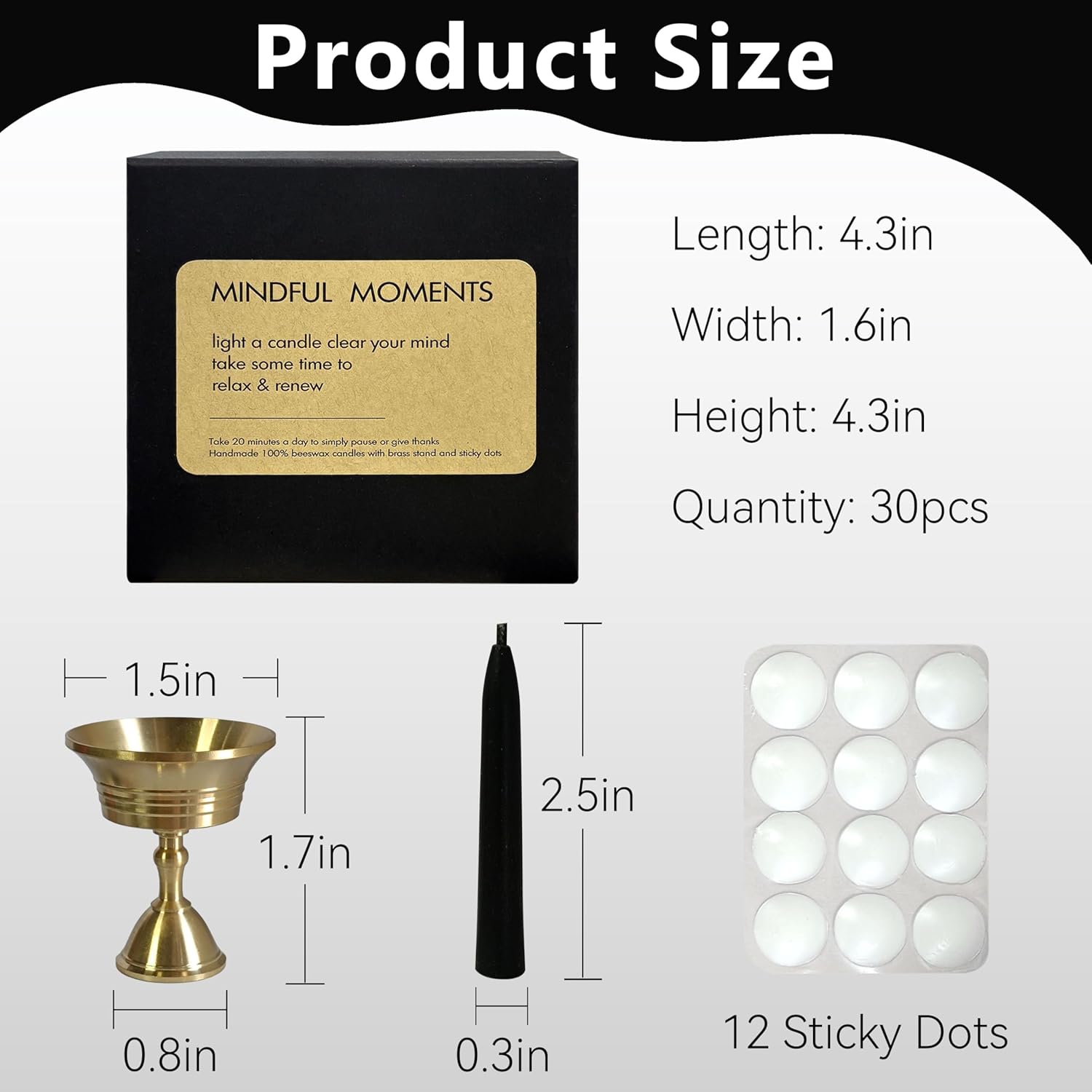 20 Min Black Meditation Candles 30 Pack with Holder and Wax Dots
