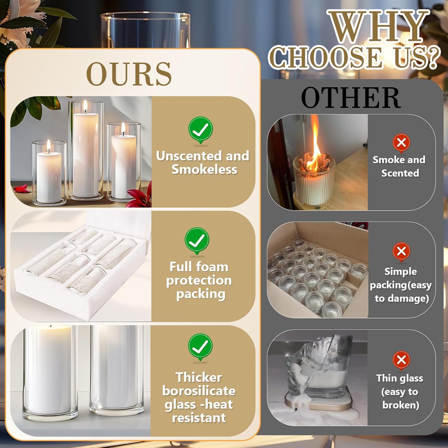 6pcs White Pillar Candles with Clear Glass Holders for Centerpieces and Events