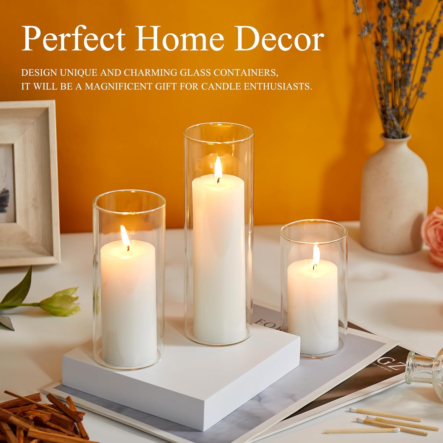 Set of 6 White Pillar Candles with Clear Glass Holders