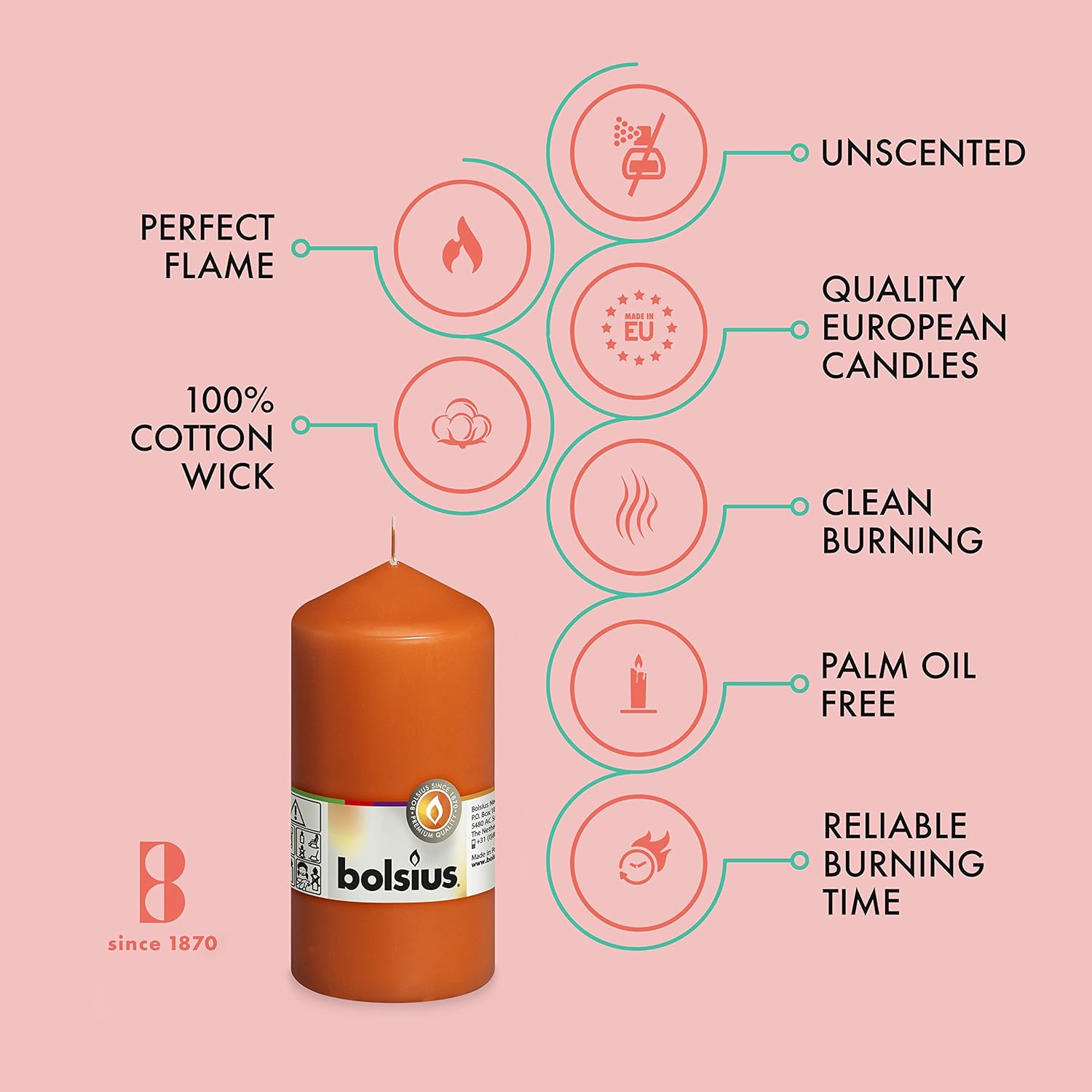 BOLSIUS 8 Unscented Orange Pillar Candles 43 Hours Burn Time