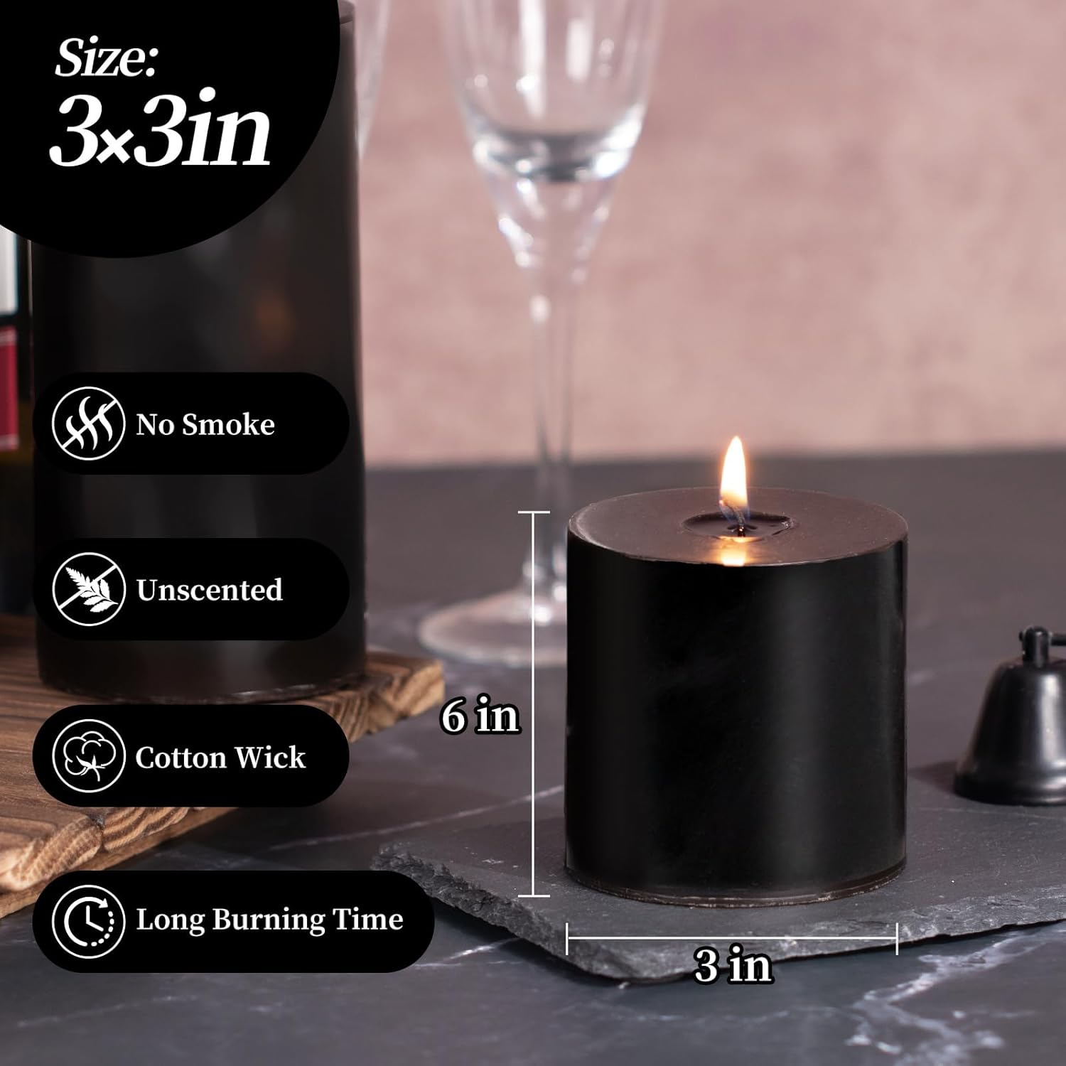 KONNI 3 Pack Black Pillar Candles 30 Hour Burn