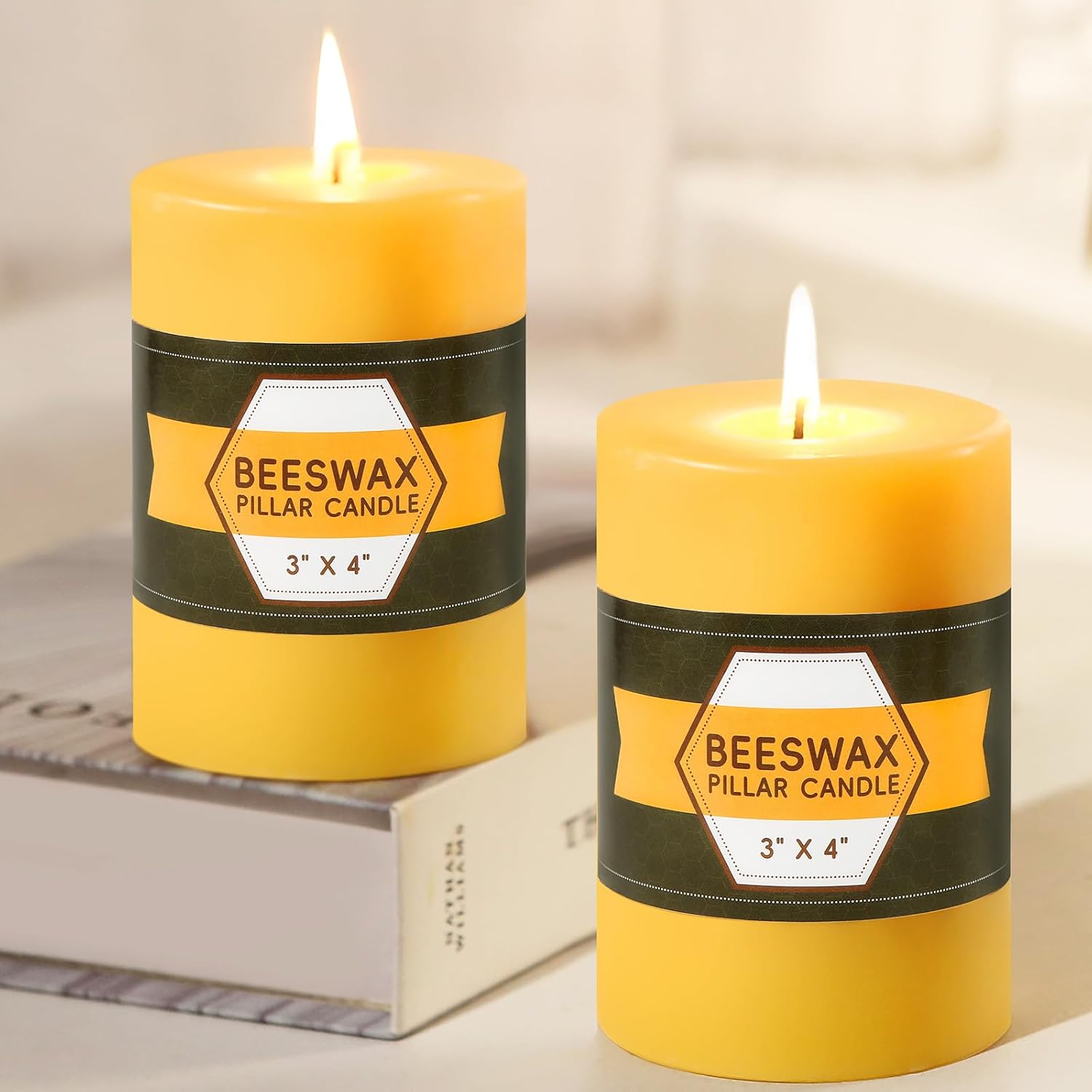 2 Packs Pure Beeswax Pillar Candles 120-140 Hours Long Burning