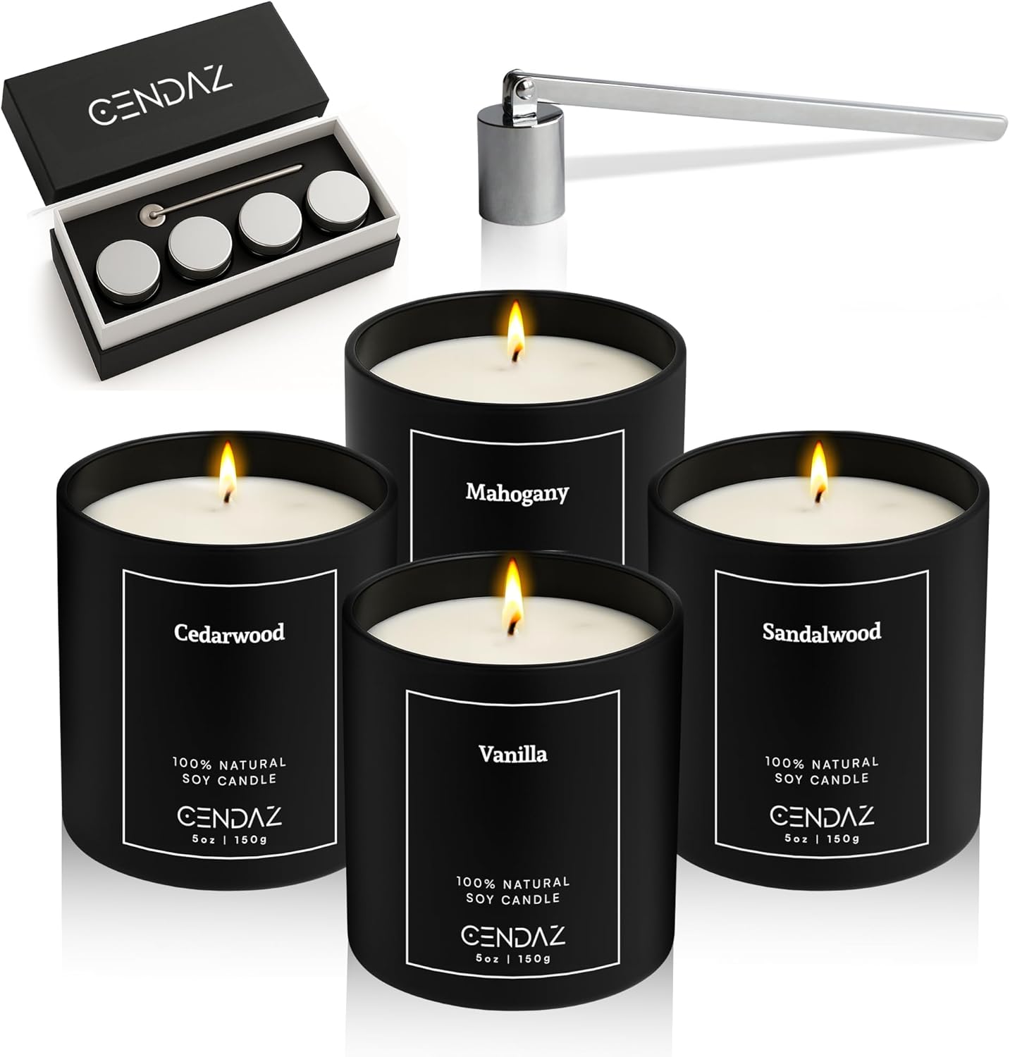 Cendaz Scented Mens Candle Set 4-Pack with Snuffer