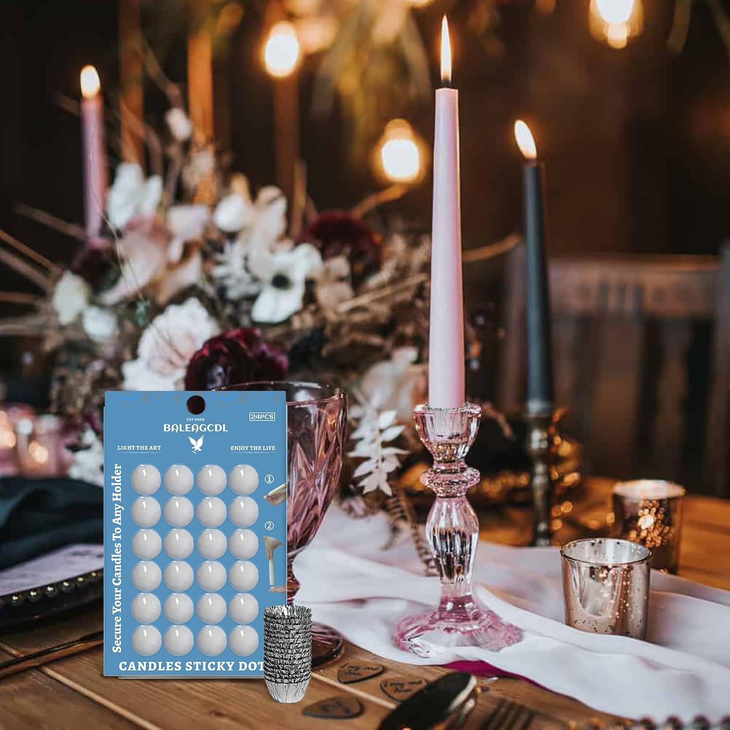 ZECHKAVAA Taper Candle Fittings Set 30 Silver Bobeches 24 White Sticky Dots