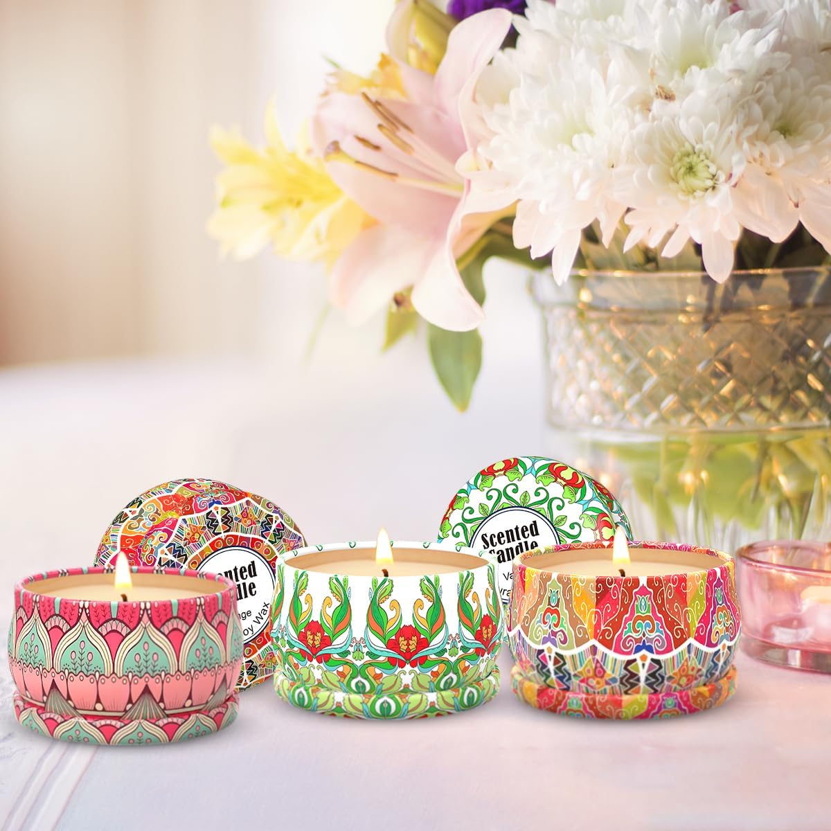 3 Pack Rose Vanilla Orange Scented Candle Set for Women Holiday Gift