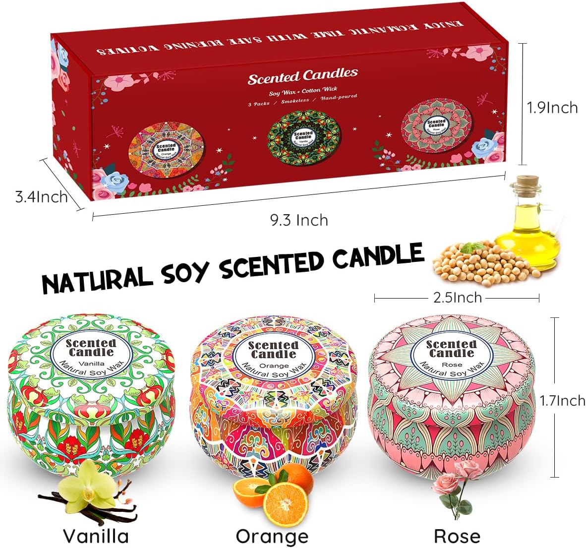 3 Pack Rose Vanilla Orange Scented Candle Set for Women Holiday Gift