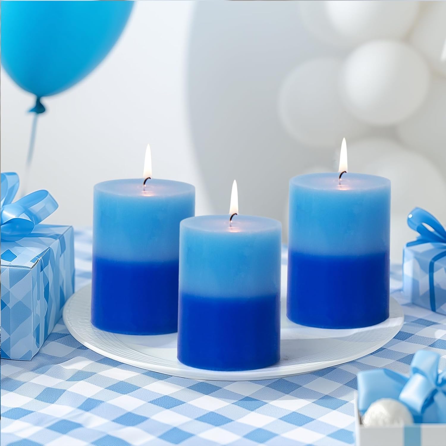 KONNI Blue Layered Pillar Candles Set of 3 3x4