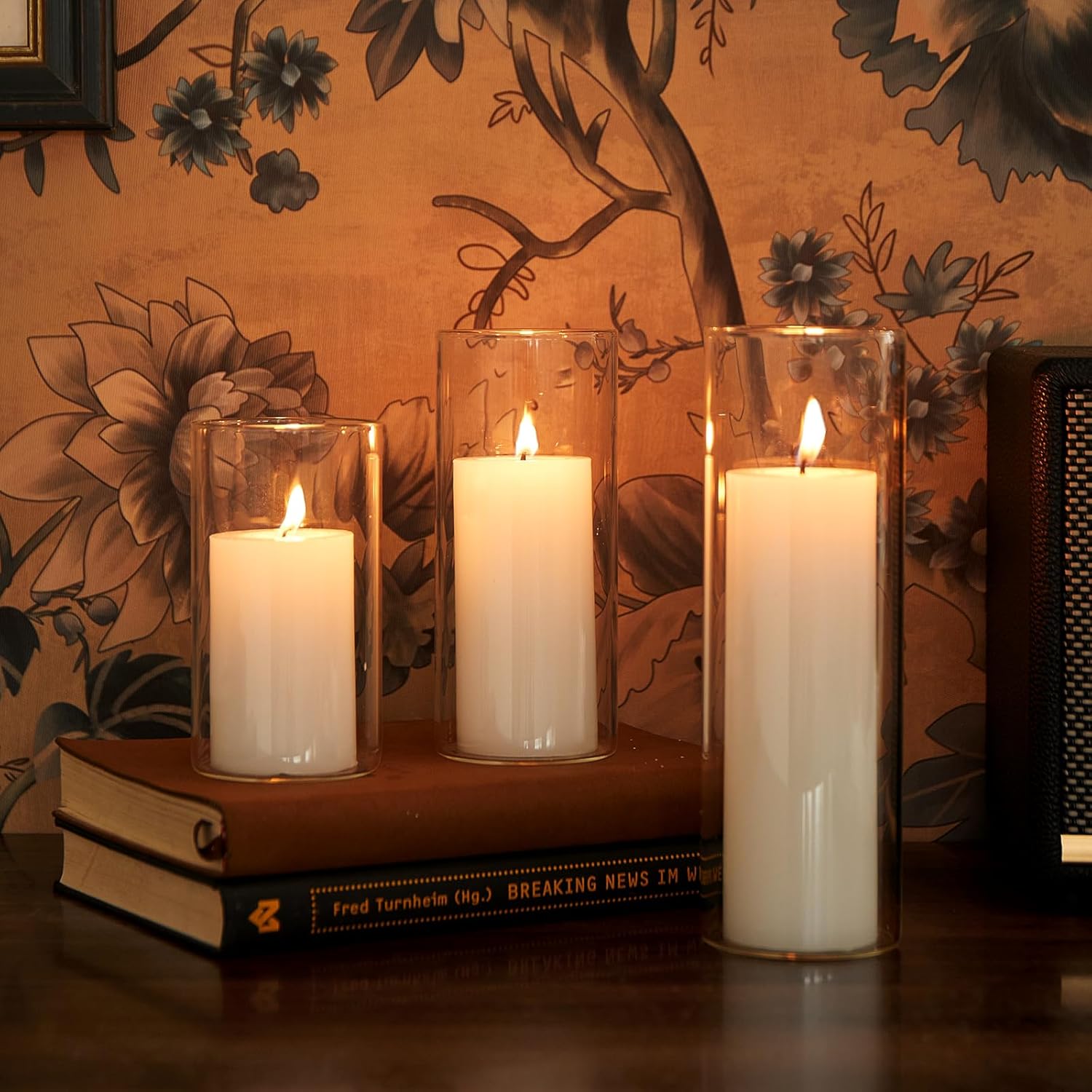 Set of 6 White Pillar Candles with Clear Glass Holders