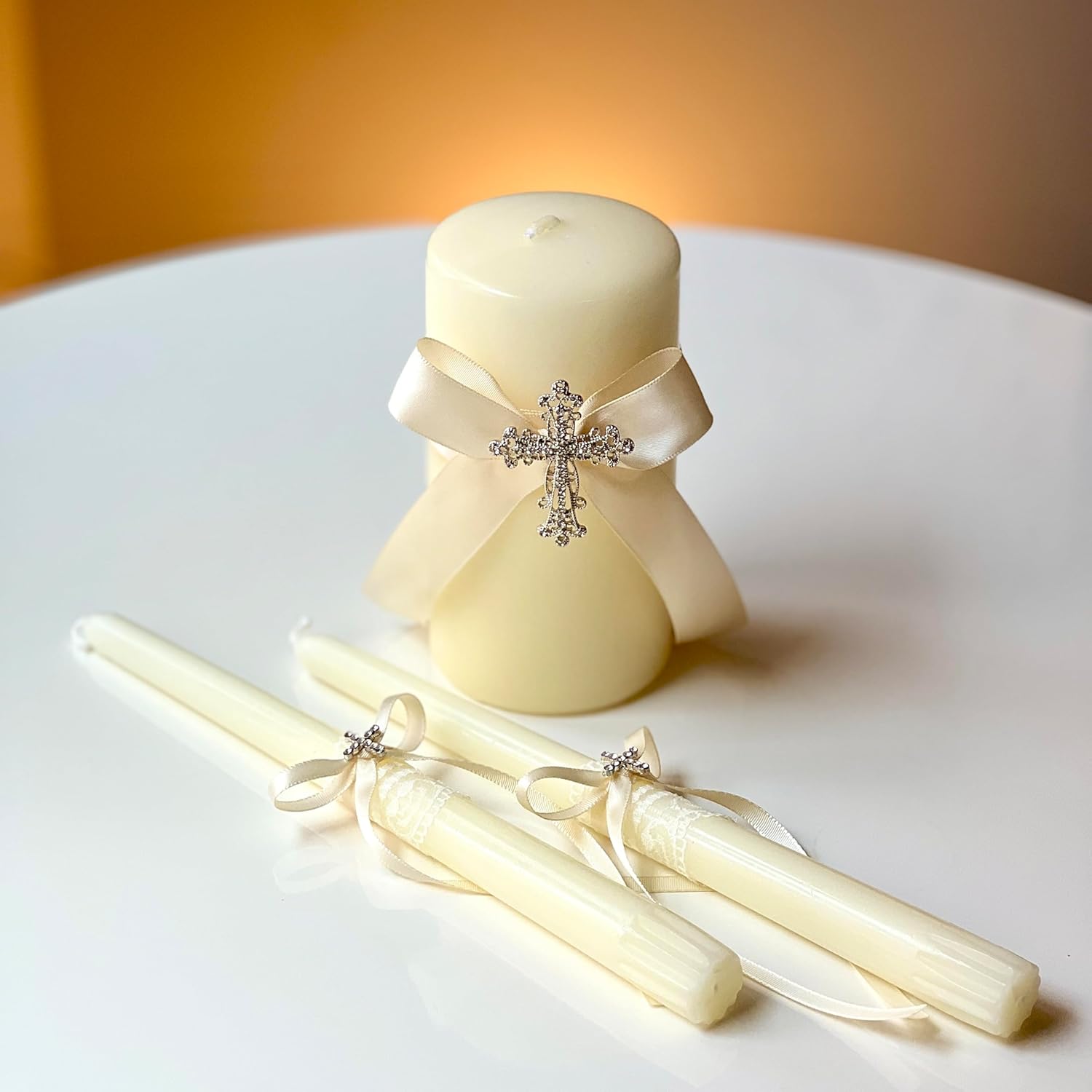Wedding Unity Candle Set Ivory with Silver Cross