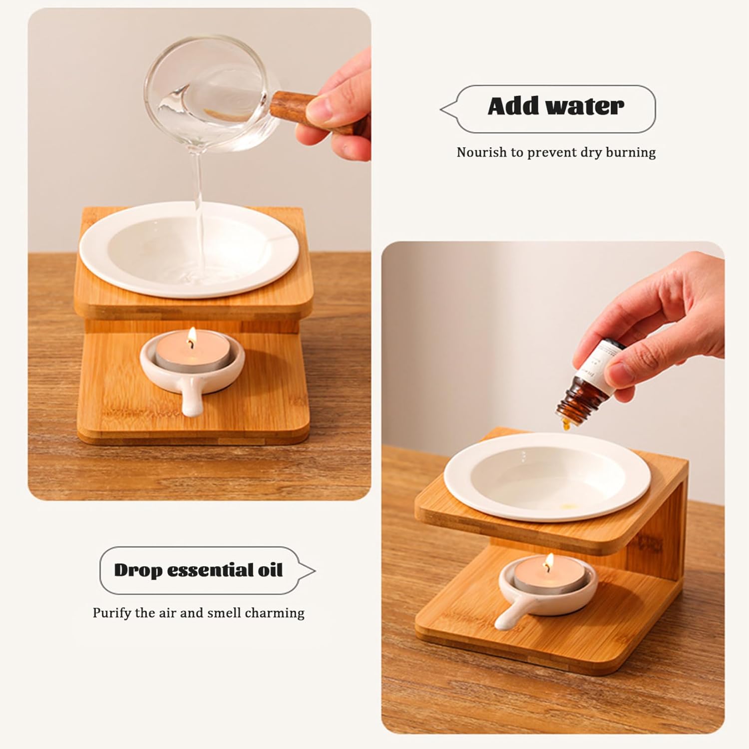 Essential Oil Burner with Bamboo Base and Ceramic Bowl