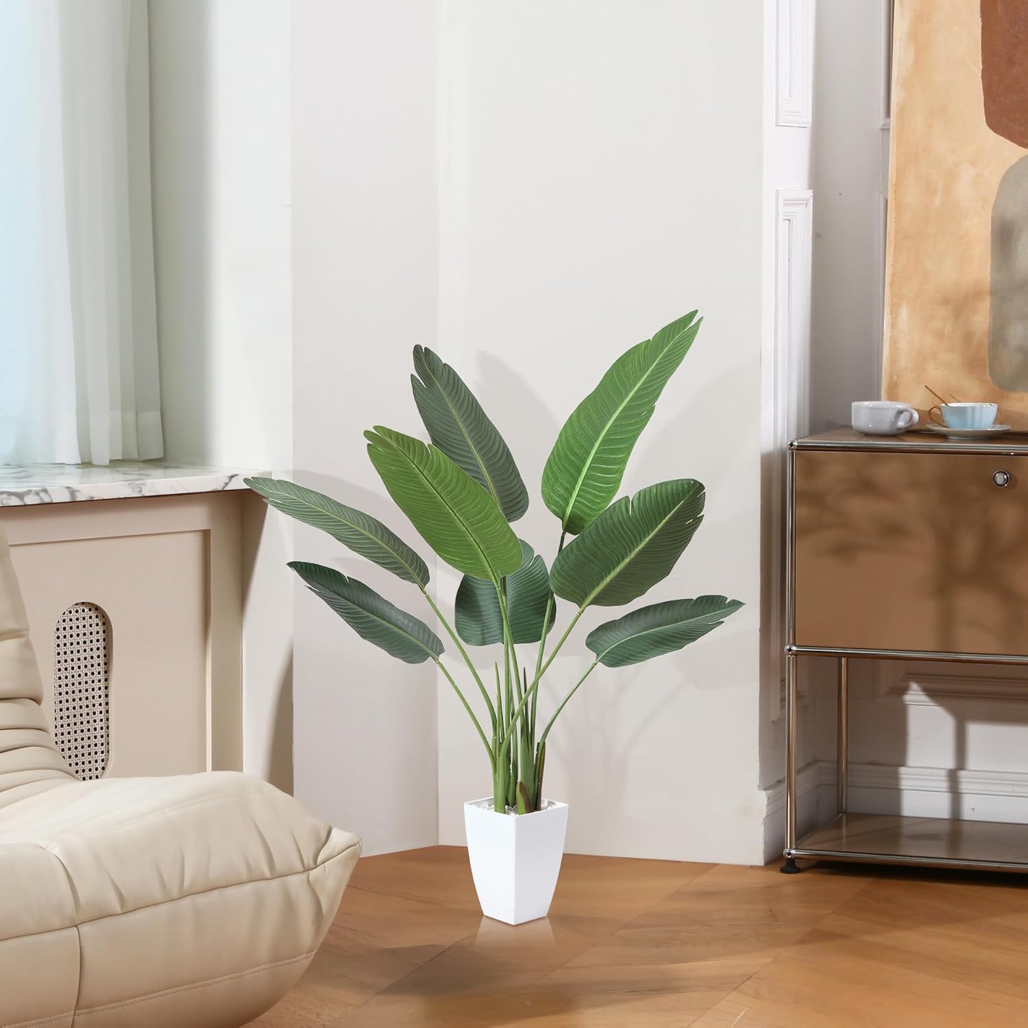 Artificial Bird of Paradise Plant 4 Ft with White Taper Planter