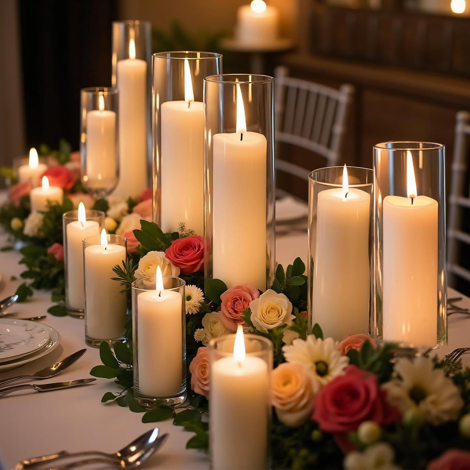 6pcs White Pillar Candles with Clear Glass Holders for Centerpieces and Events