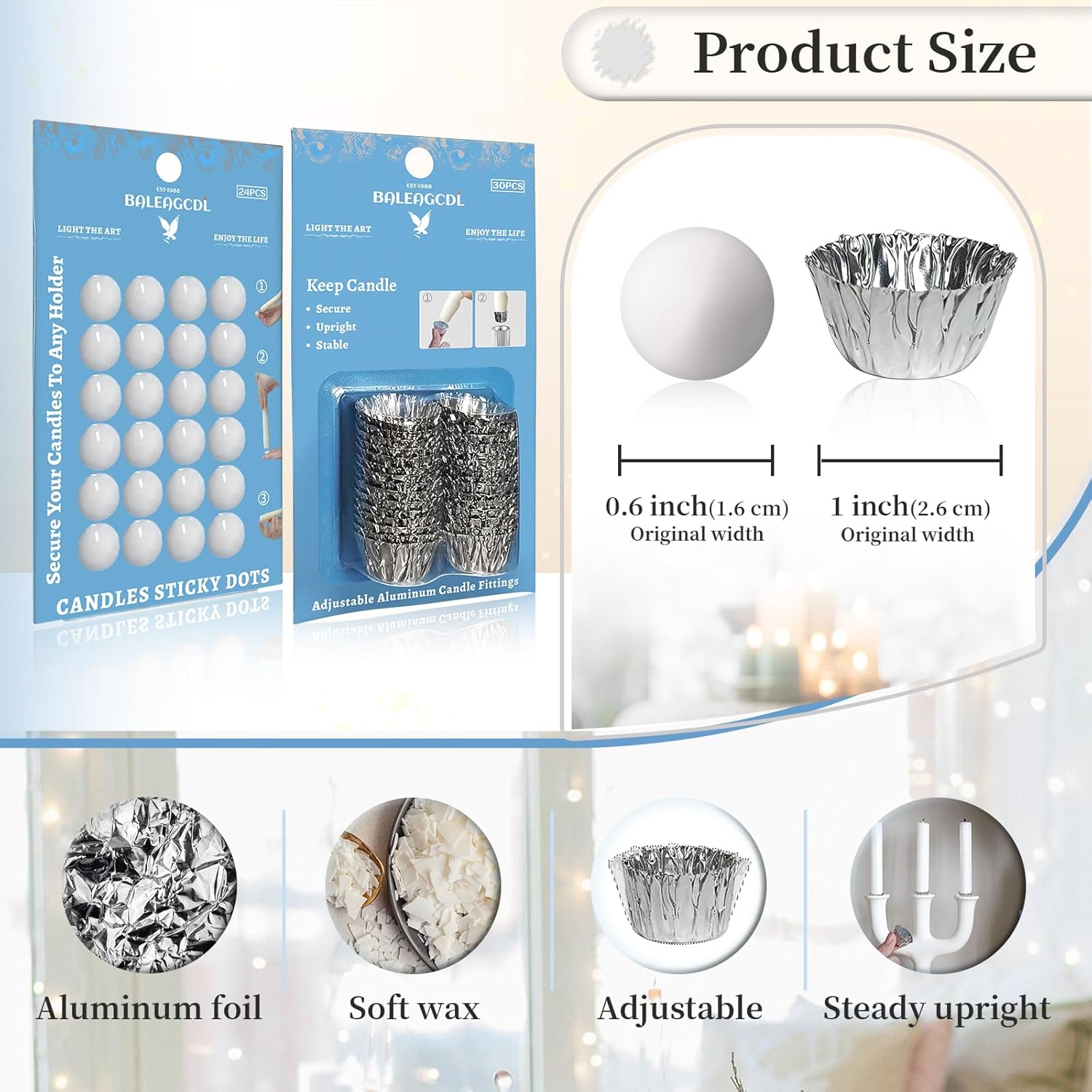ZECHKAVAA Taper Candle Fittings Set 30 Silver Bobeches 24 White Sticky Dots