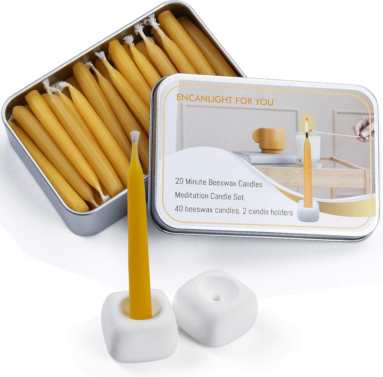 Meditation Beeswax Candles Set 40Pcs Smokeless Taper Candles for Home and Yoga
