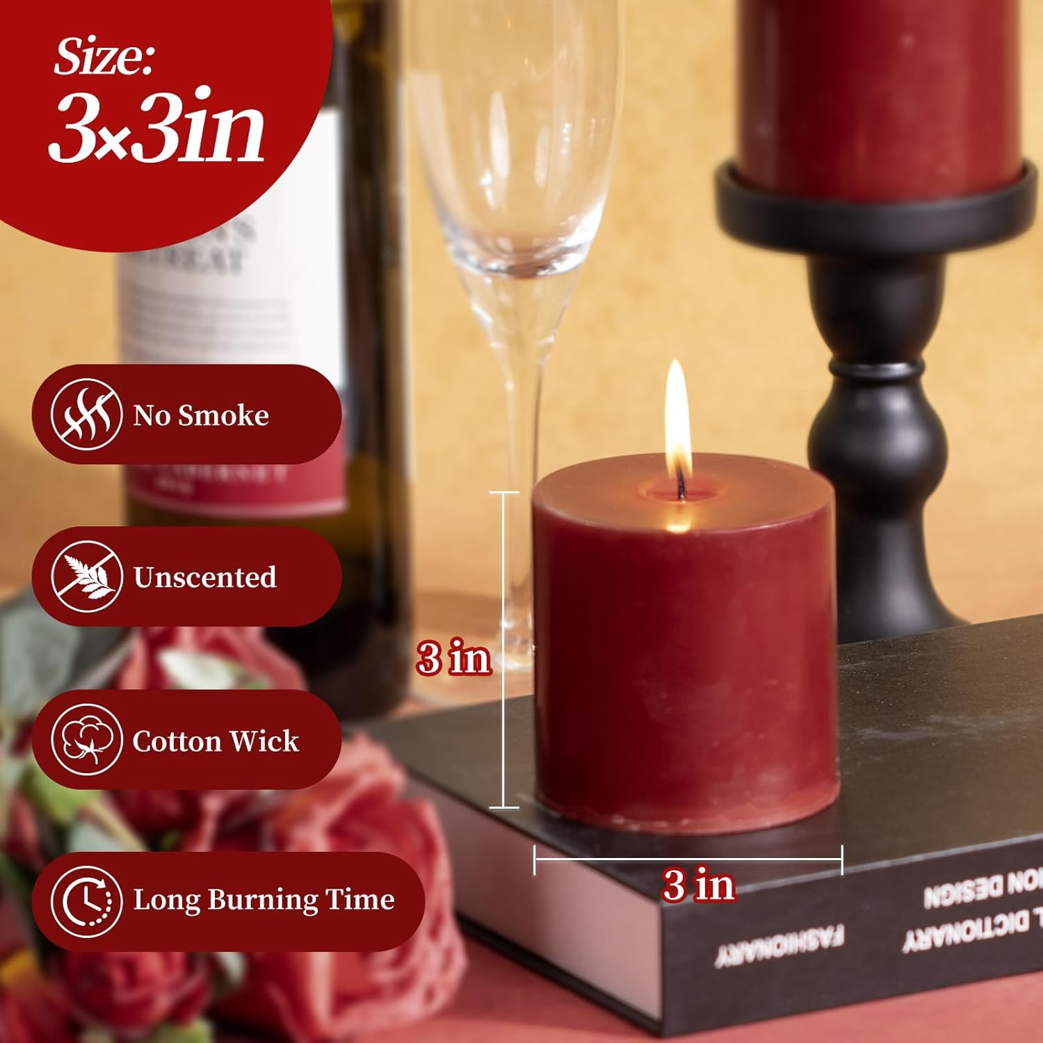 KONNI Dark Red Pillar Candles Set of 3 30 Hour Burn
