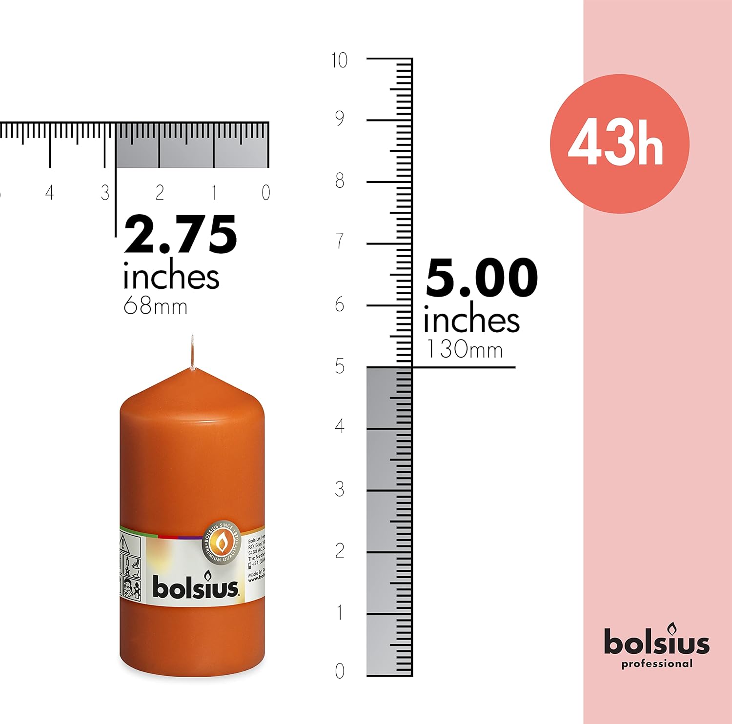 BOLSIUS 8 Unscented Orange Pillar Candles 43 Hours Burn Time