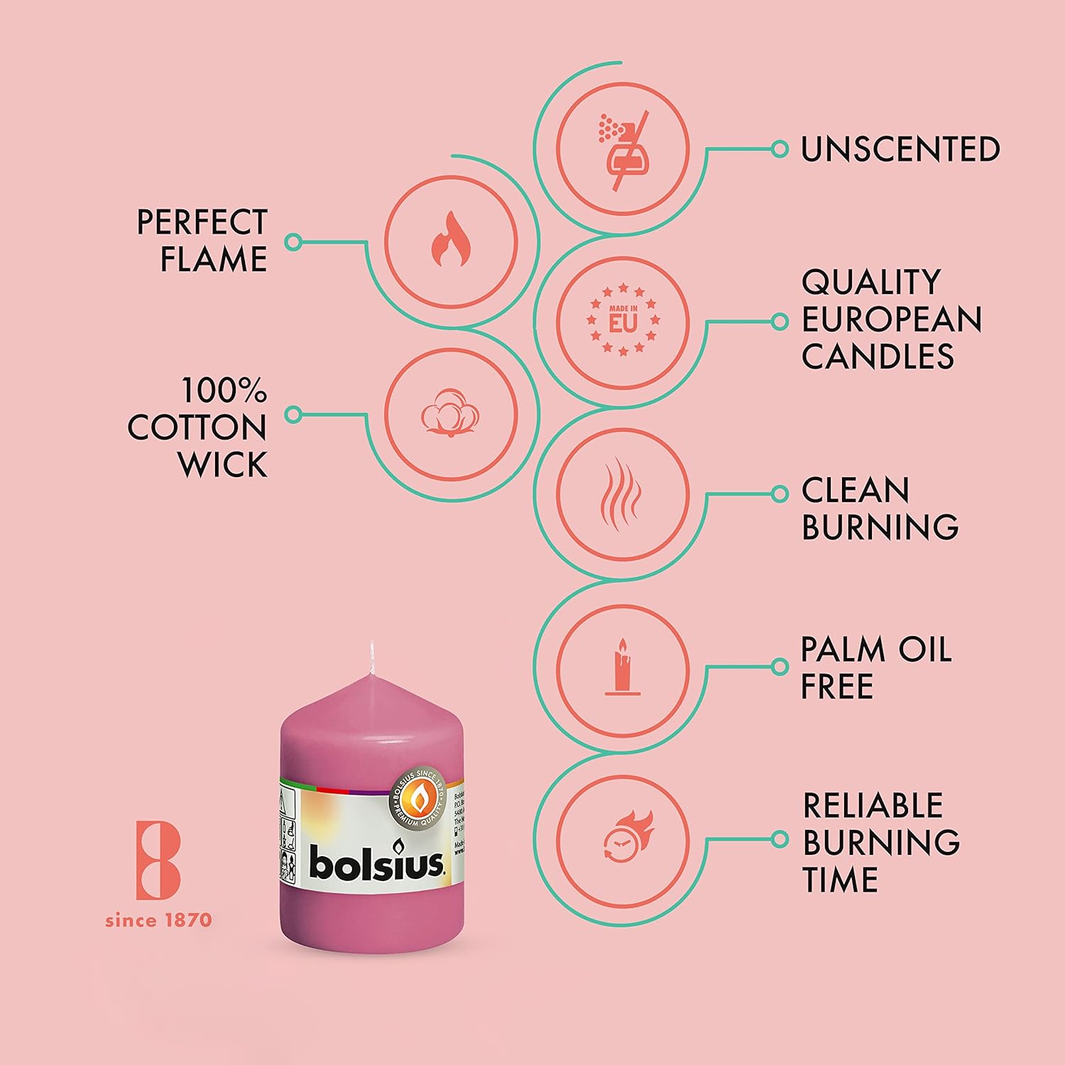 BOLSIUS 10 Pink Pillar Candles - 17 Hour Burn Time