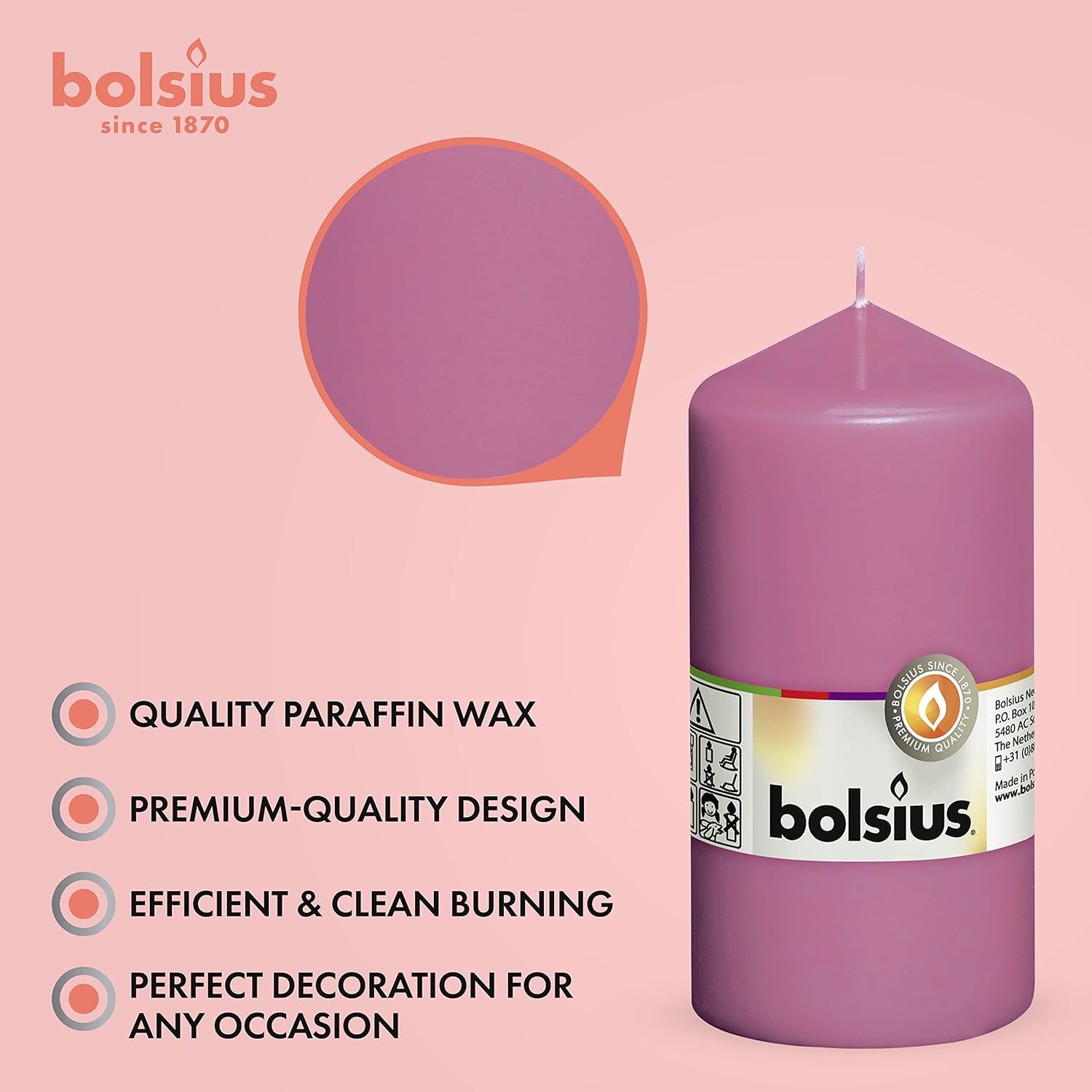 BOLSIUS 8 Pink Pillar Candles - 43 Hours Burn Time
