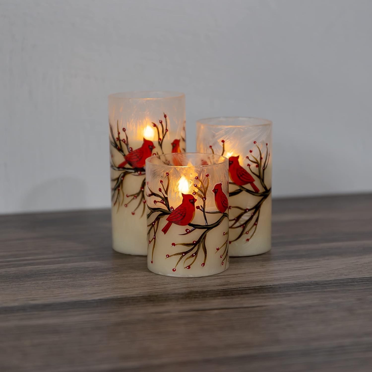 LumaBase LED Red Cardinal Hurricane Candles Set of 3