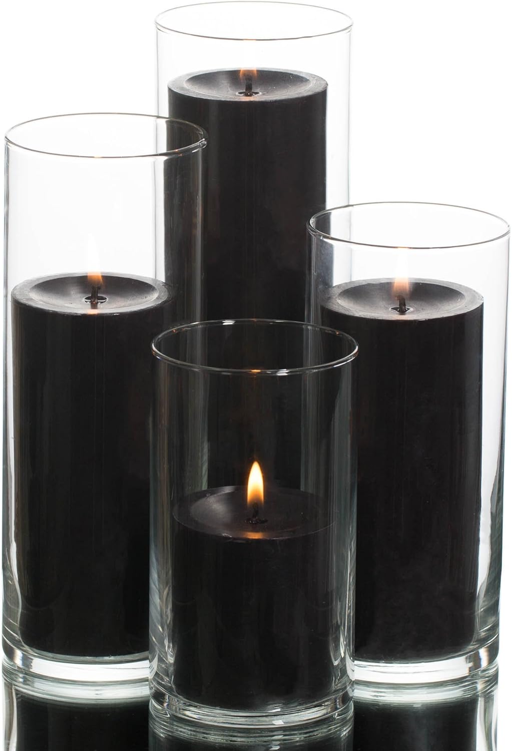 Set of 4 Glass Eastland Cylinder Vases and 4 Black Pillar Candles 3