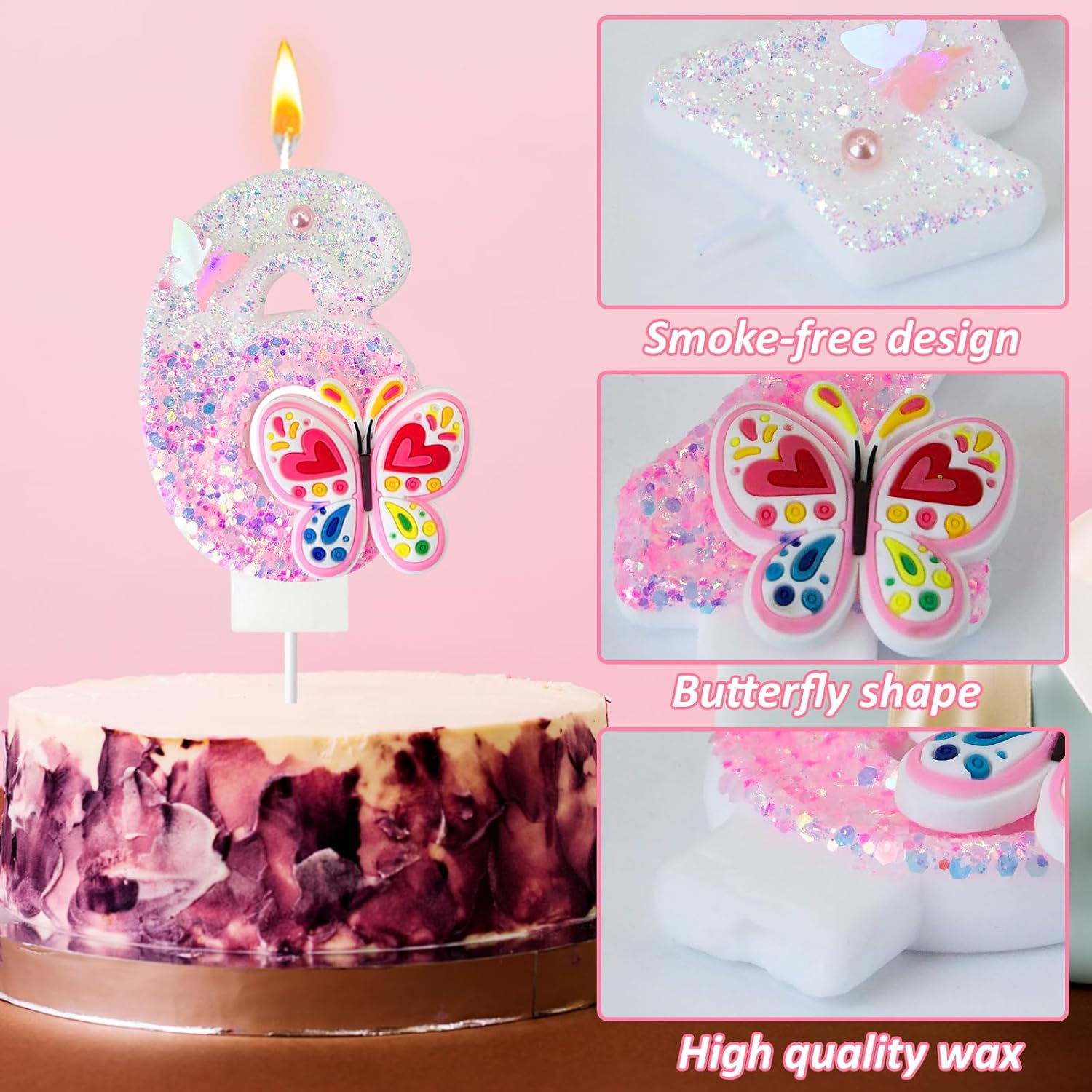 Pink Butterfly Birthday Candles for Girls and Women