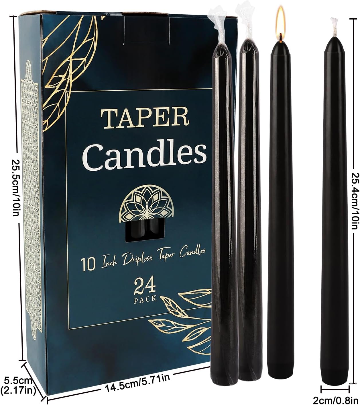 24 Pack Tall Taper Candles 10 Inch Black Dripless Unscented