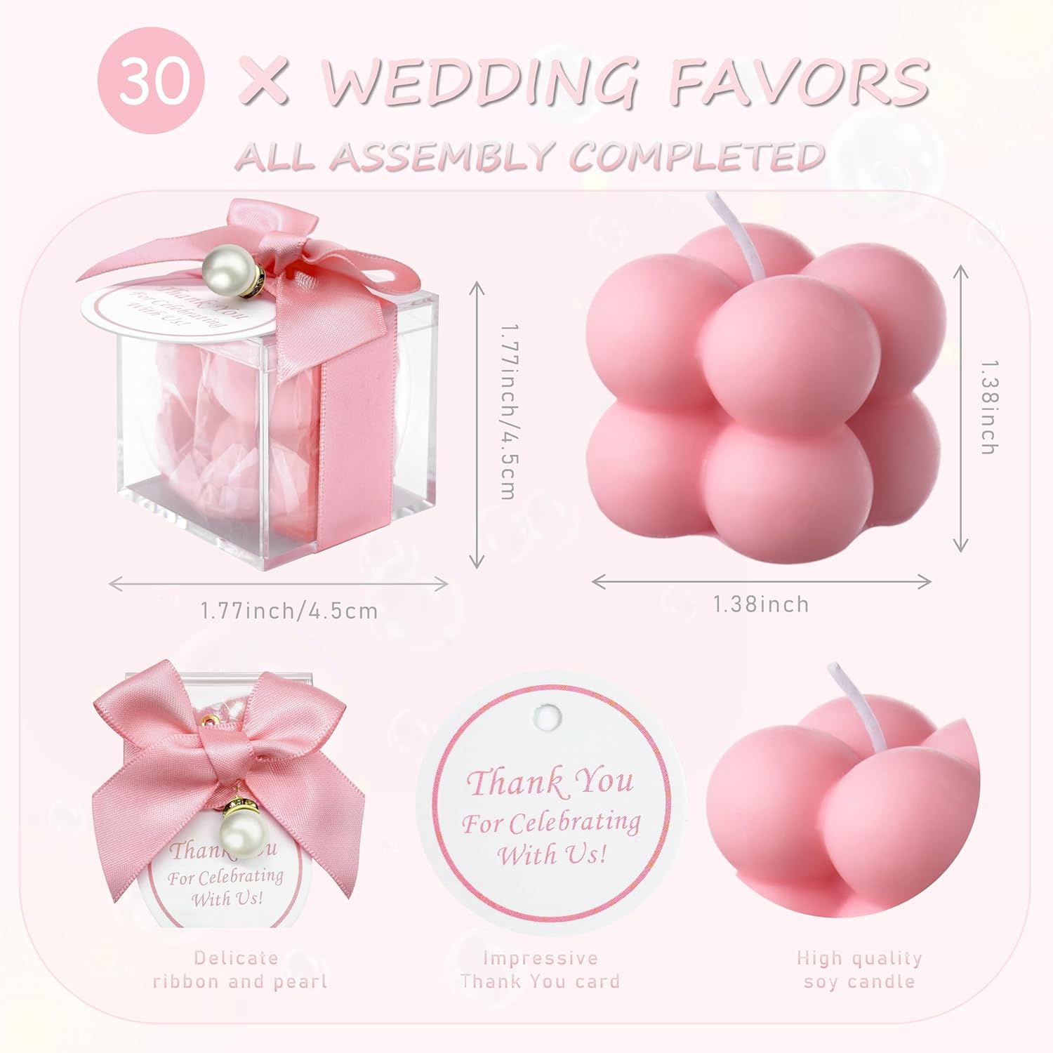 ACITHGL 30 Pack Bubble Candle Favors with Ribbons and Thank You Cards