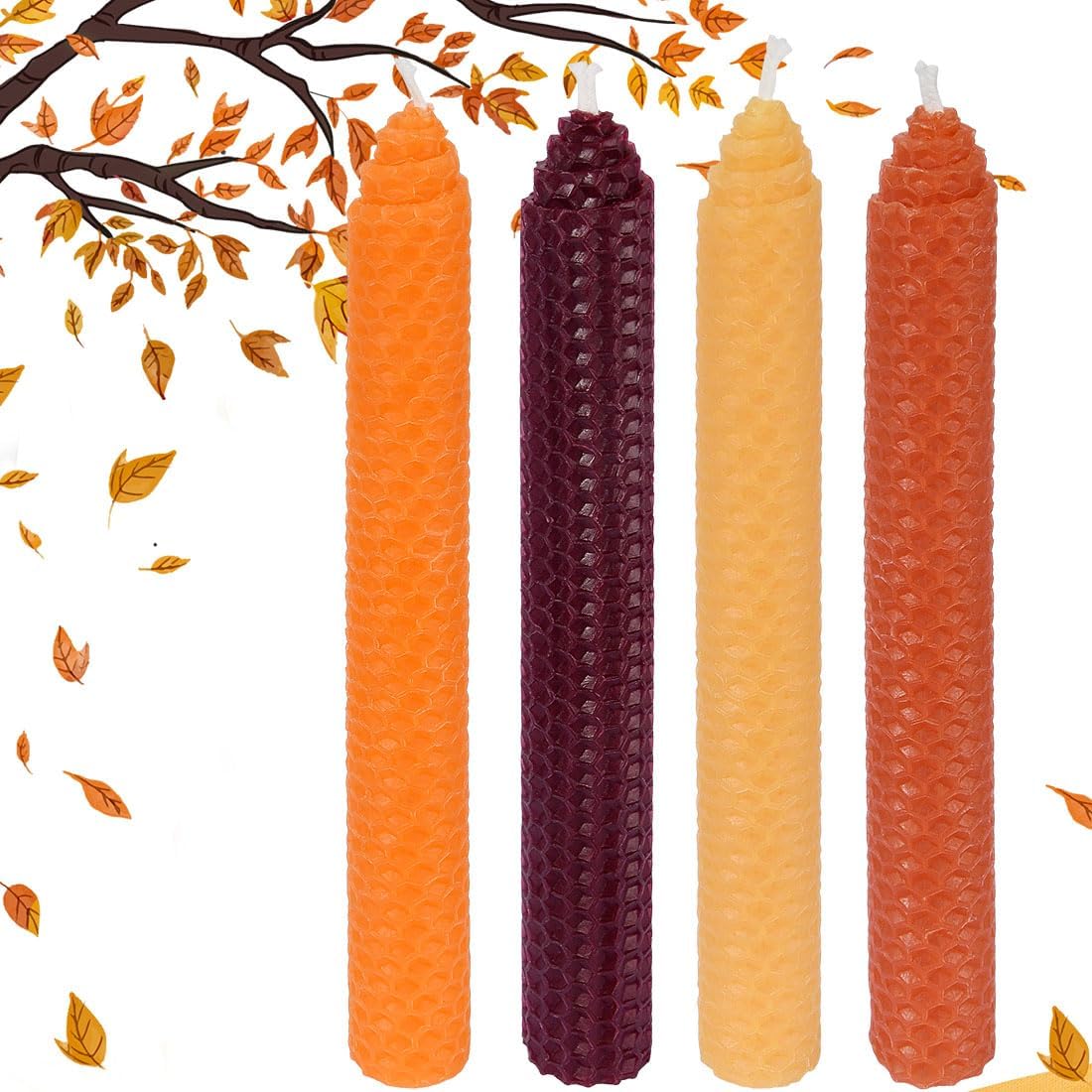DEYBBY 8 Inch Hand-Rolled Beeswax Taper Candles 4 Pack Cone Top