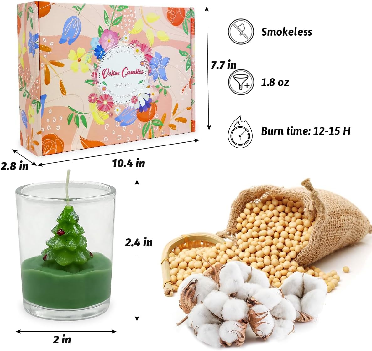 12-Pack Christmas Glass Votive Candles with Holiday Designs