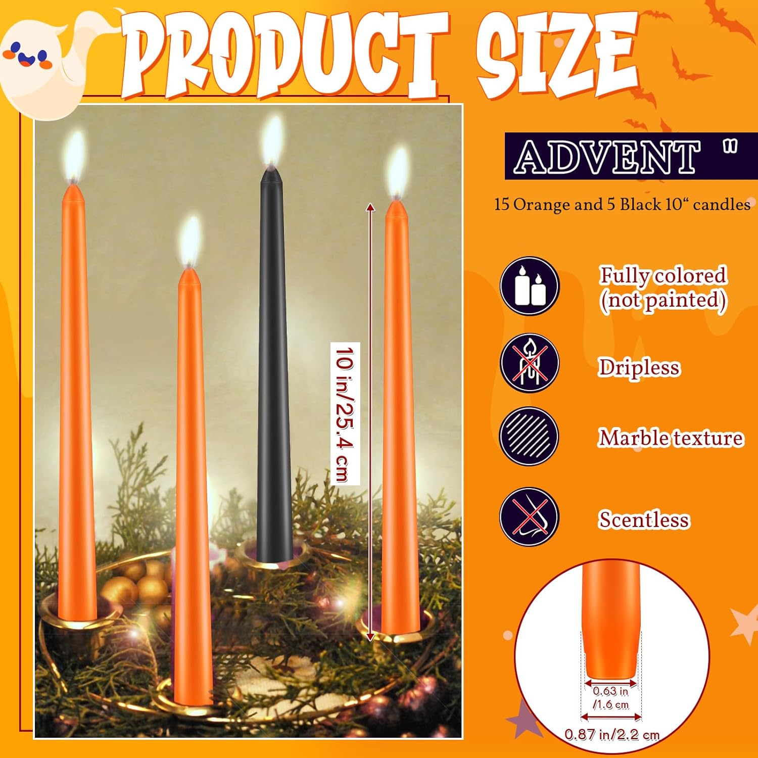 Patelai 20 Pcs Halloween Orange and Black Taper Candles