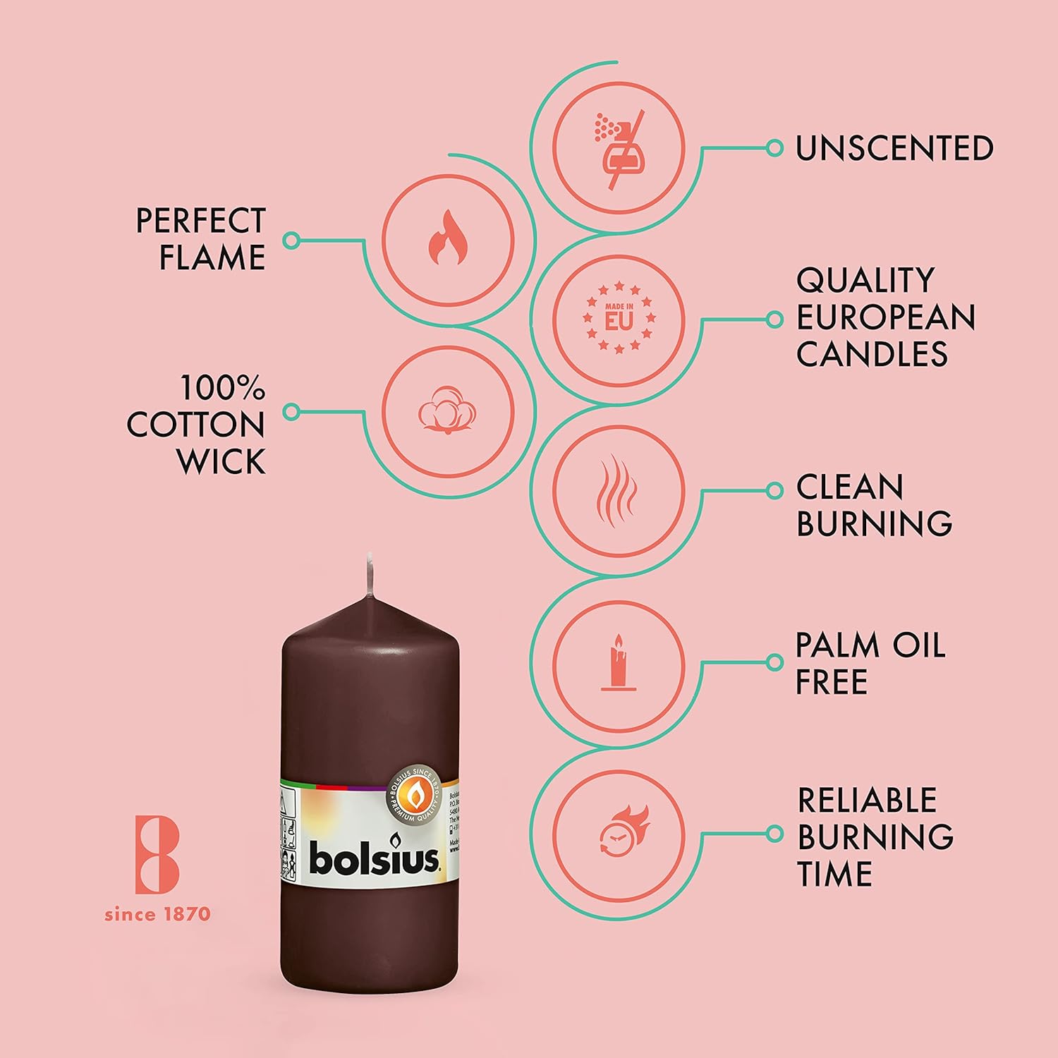 BOLSIUS 10 Unscented Maroon Pillar Candles - 33 Hours Burn Time