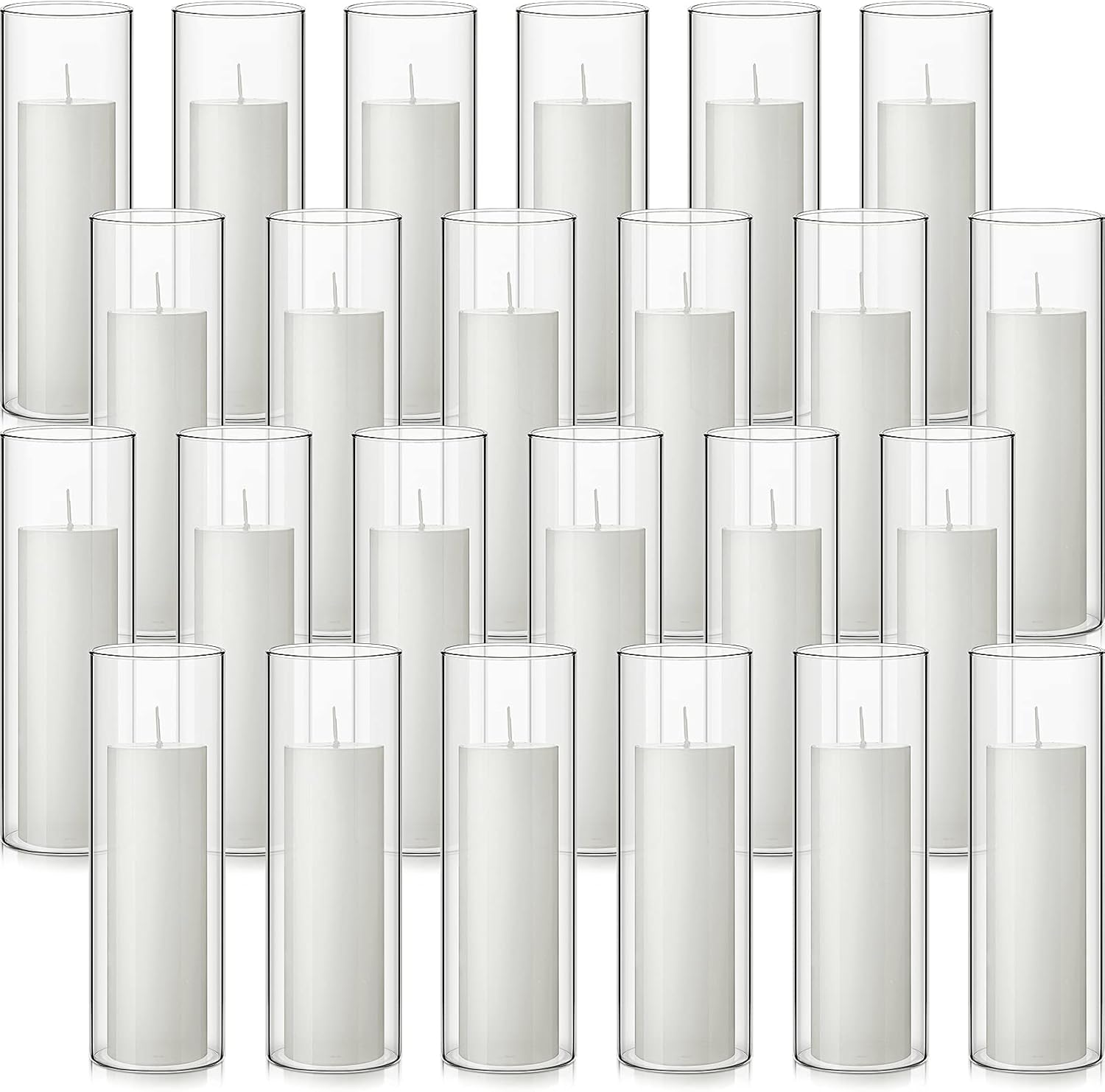 24 Pack White Pillar Candles with Glass Holders for Wedding Centerpieces