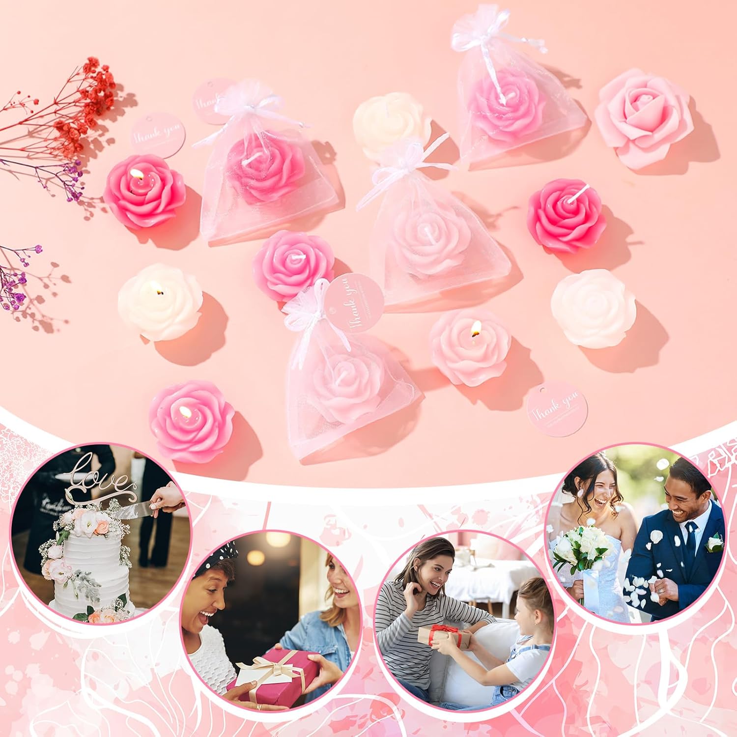 Treela 24 Pack Pink Rose Shaped Tealights for Wedding Favors