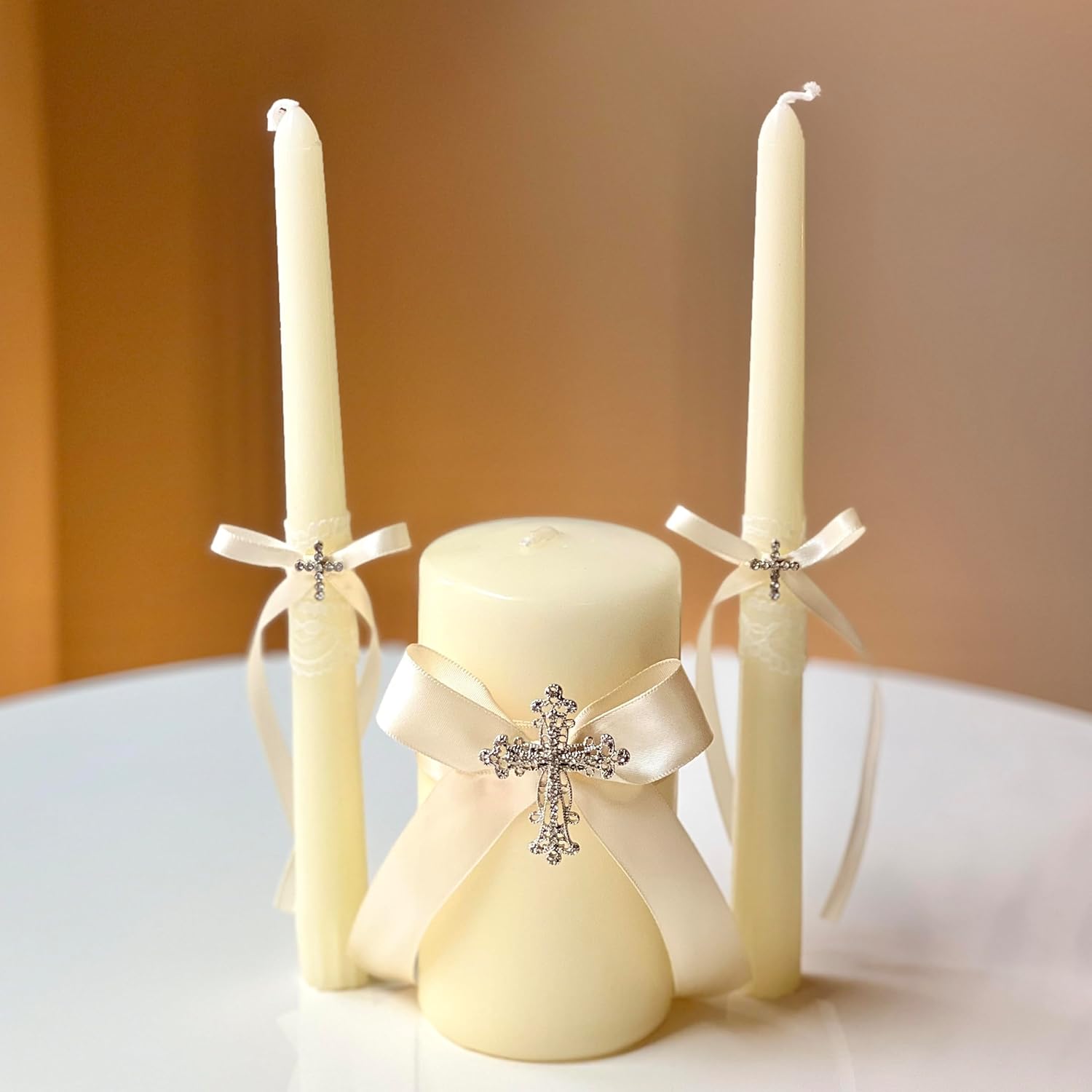 Wedding Unity Candle Set Ivory with Silver Cross