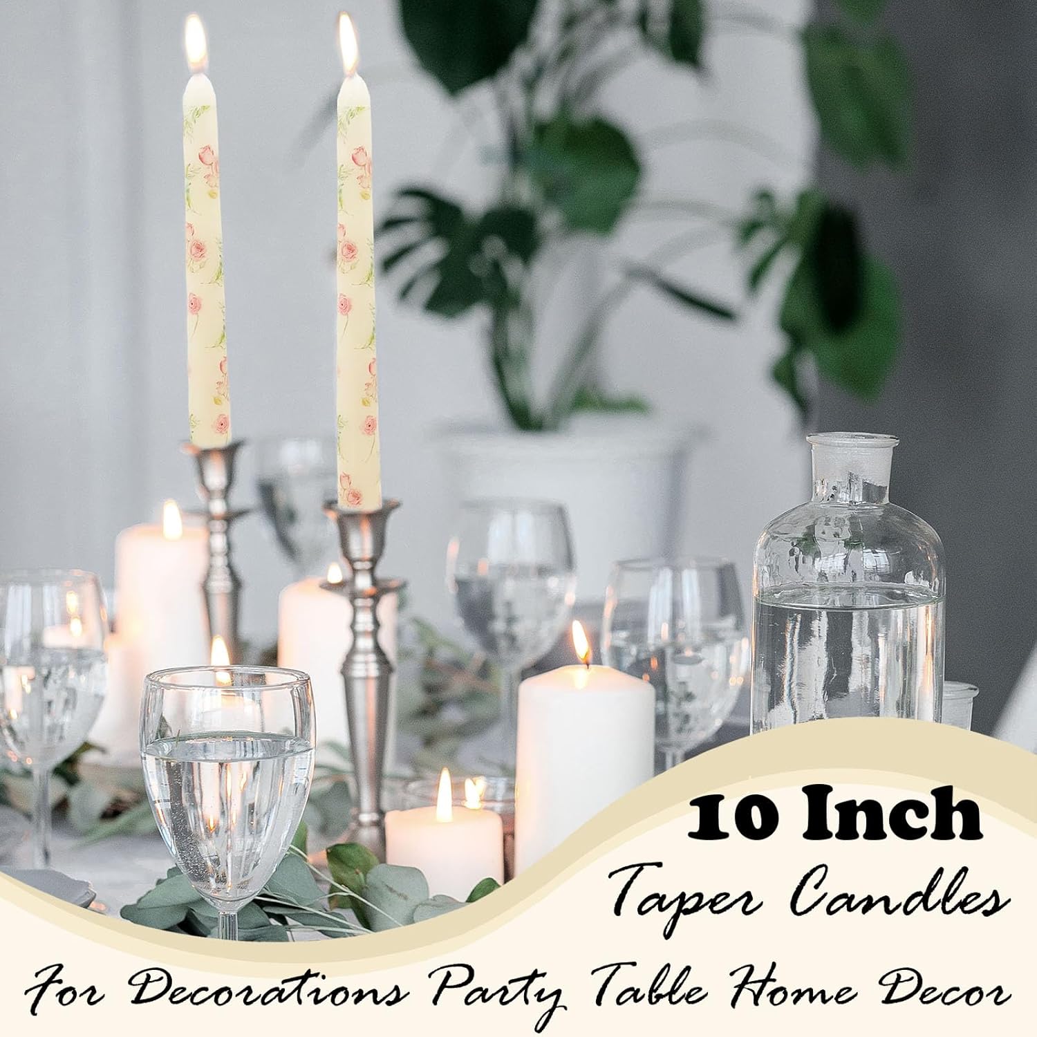 2 Pack Ivory Taper Candles with Flowers Print 10 Inch
