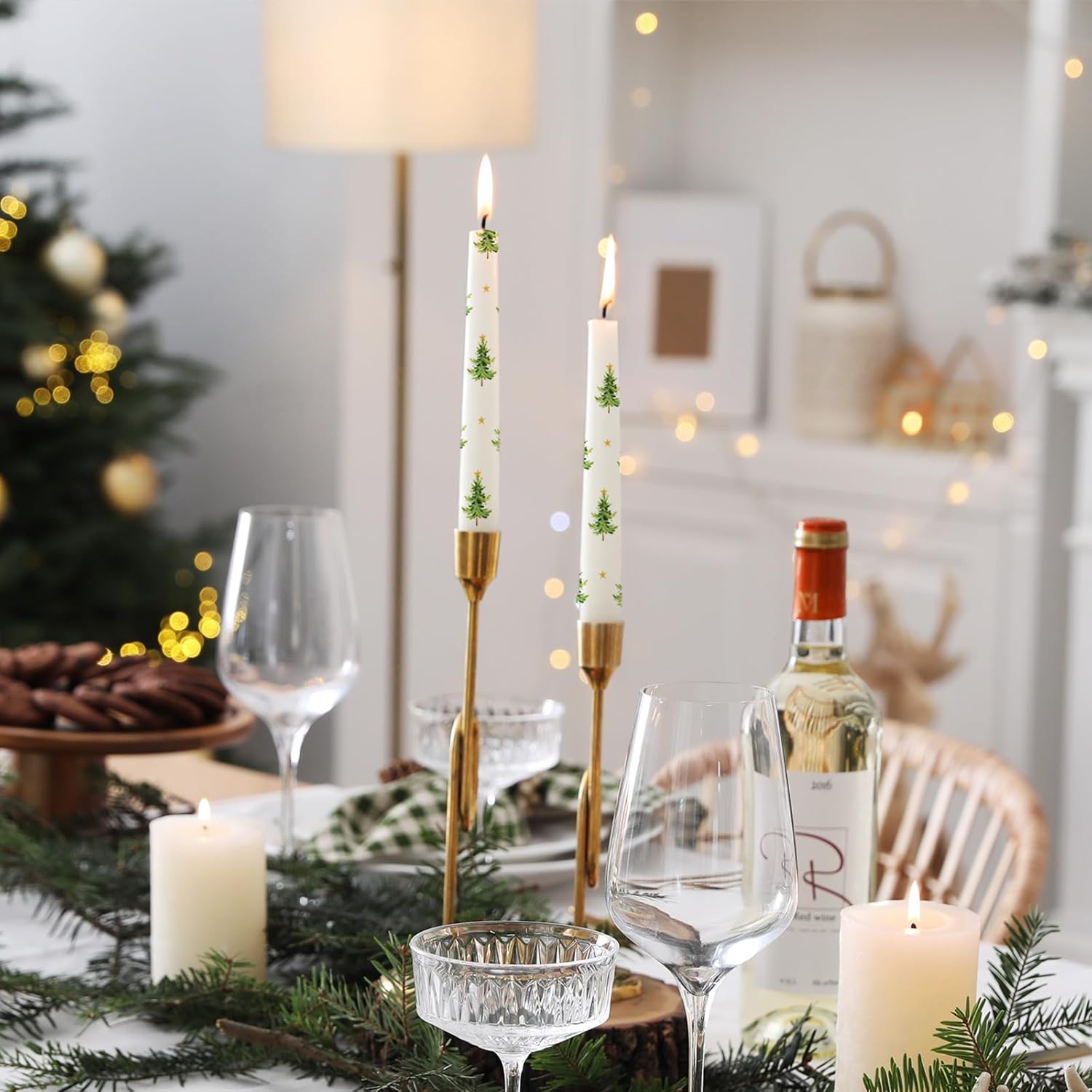 12 Pcs Dripless Taper Candles with Christmas Tree Patterns