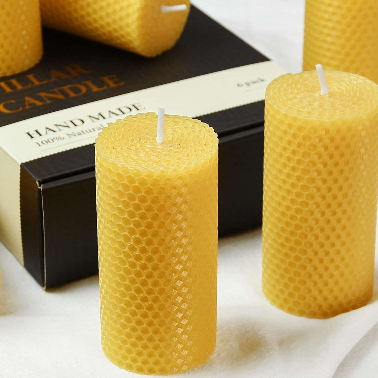 TELOSMA Drippless Beeswax Pillar Candles Set of 6 Yellow
