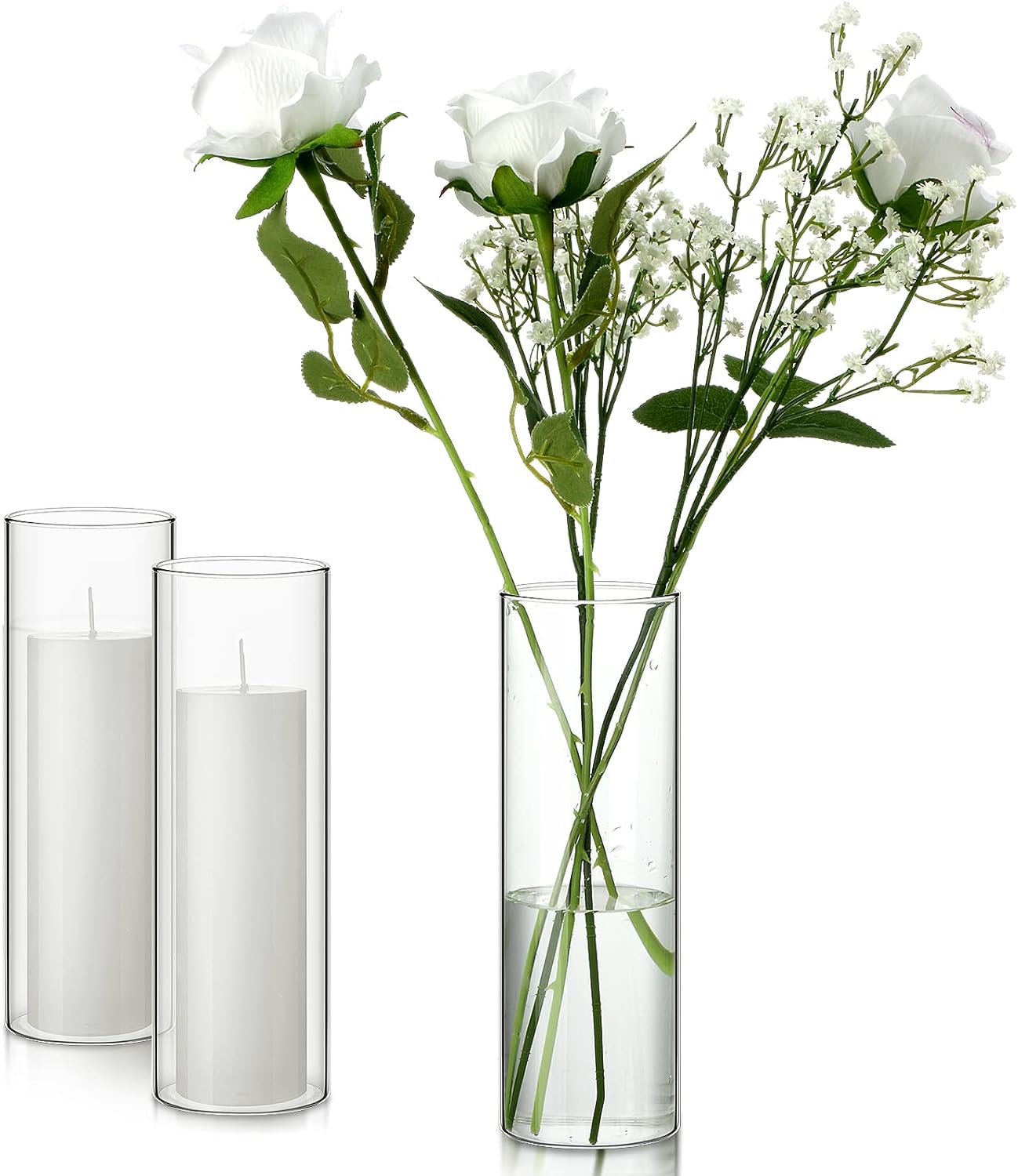 24 Pack White Pillar Candles with Glass Holders for Wedding Centerpieces
