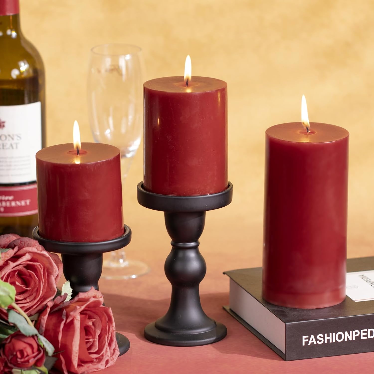 KONNI Dark Red Pillar Candles Set of 3 3x6